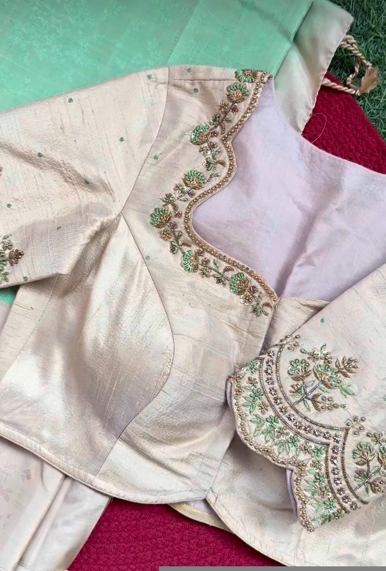 pure silk hand embroidery blouse / cream maggam blouse / raw silk zardosi blouse / hand embroidered blouse / designer ready made blouse