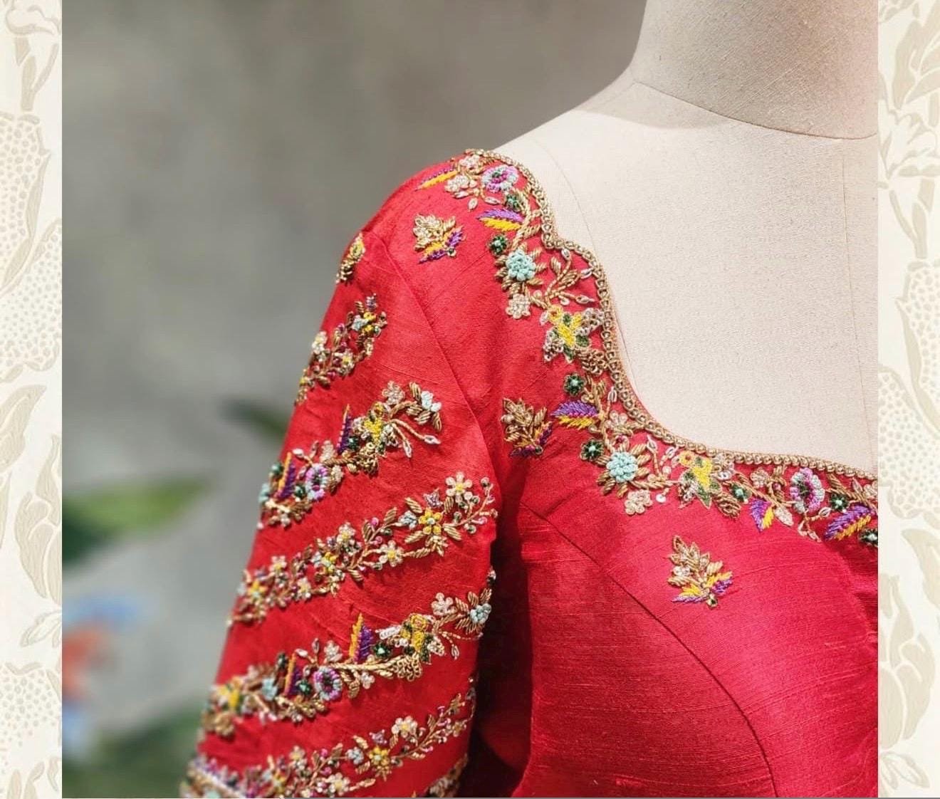 Hand Embroidered Pure Silk Blouse: Red Zardosi Maggam Saree Blouse,plus size blouse,hand work blouse,maggam blouse,red saree blouse USA