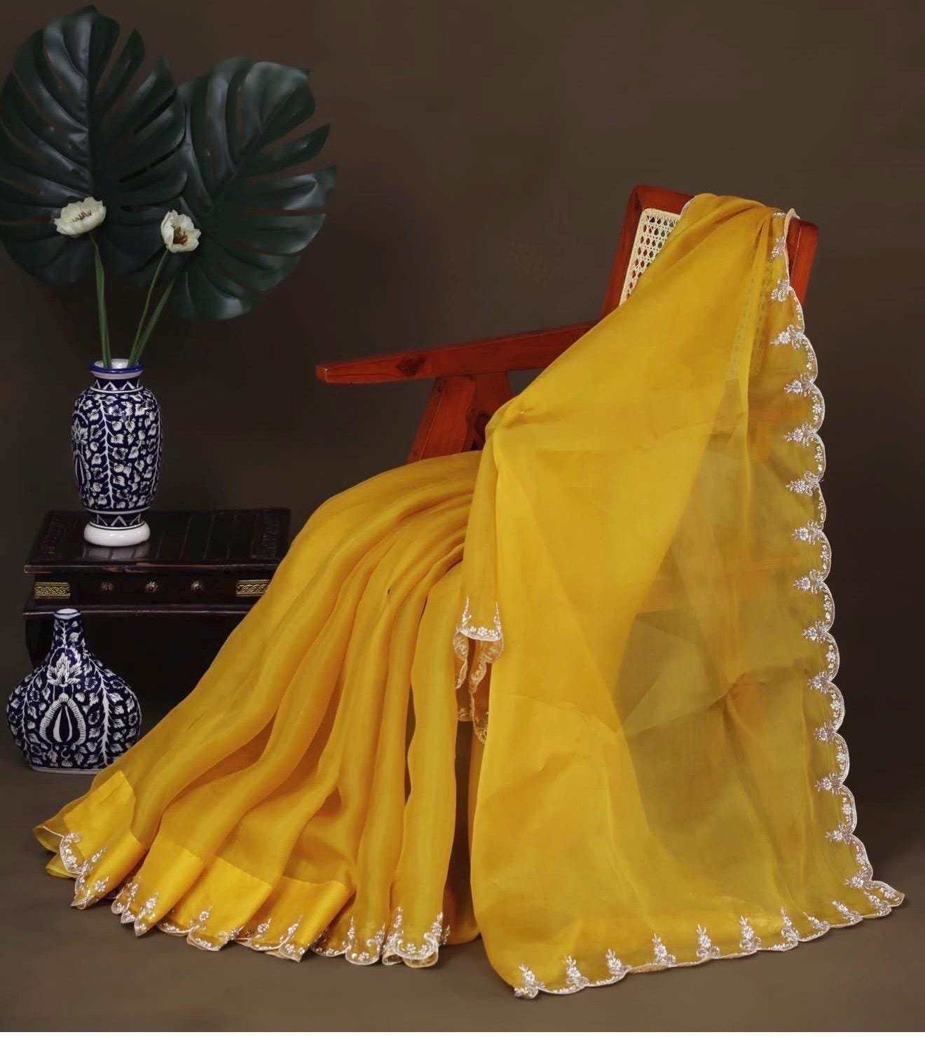 Yellow handwork Saree:Hand Embroidered Blouse,green Indian Wedding Bridal Saree,luxury wedding saree,pure silk wedding saree,cocktail saree