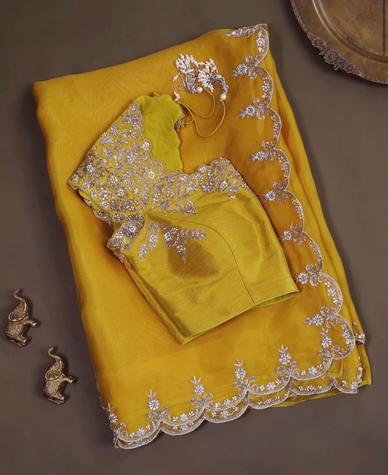 Yellow handwork Saree:Hand Embroidered Blouse,green Indian Wedding Bridal Saree,luxury wedding saree,pure silk wedding saree,cocktail saree