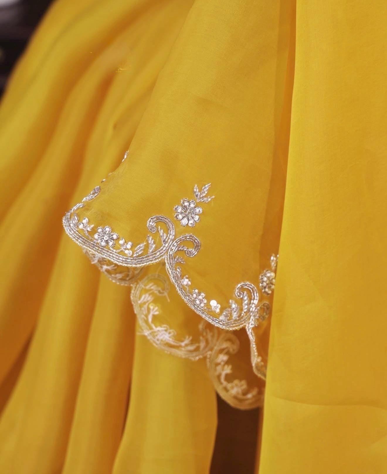 Yellow handwork Saree:Hand Embroidered Blouse,green Indian Wedding Bridal Saree,luxury wedding saree,pure silk wedding saree,cocktail saree