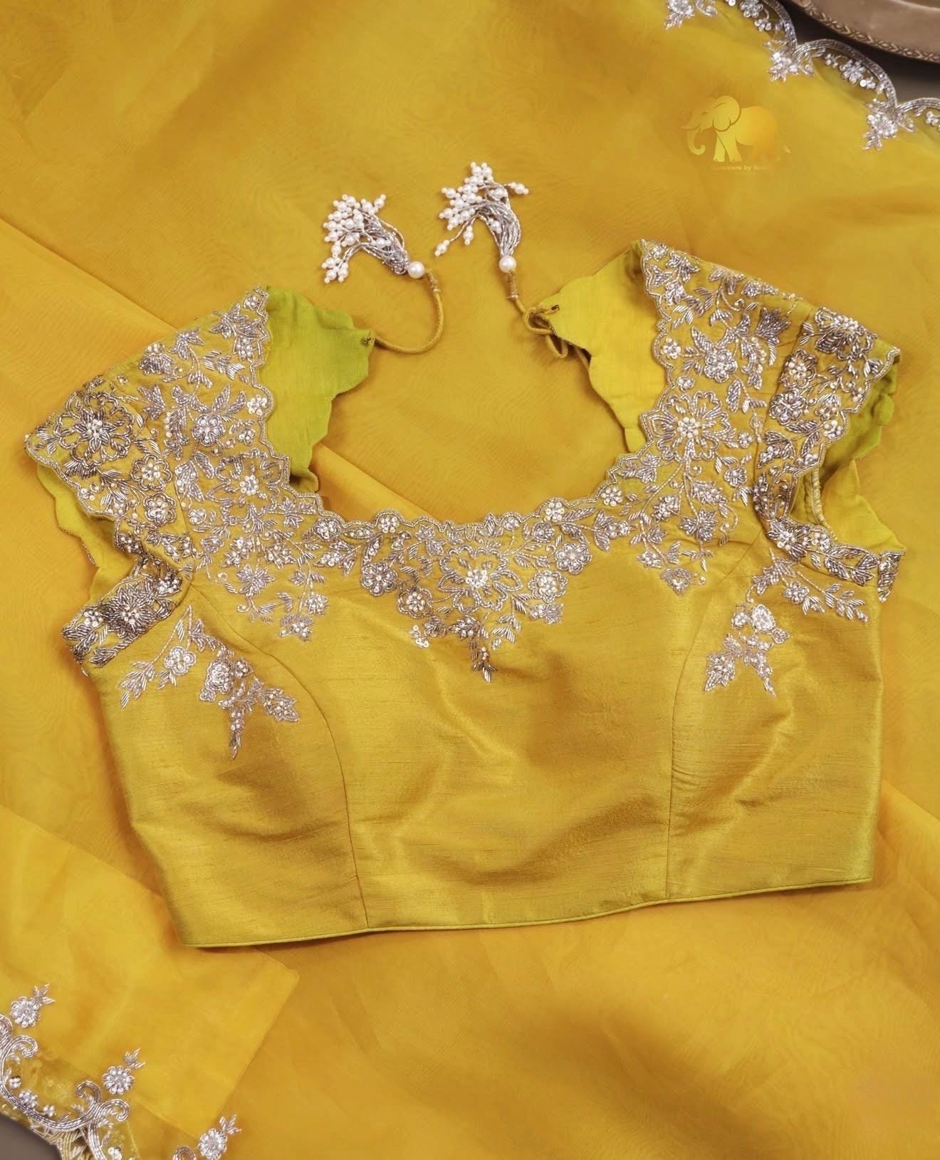 Yellow handwork Saree:Hand Embroidered Blouse,green Indian Wedding Bridal Saree,luxury wedding saree,pure silk wedding saree,cocktail saree