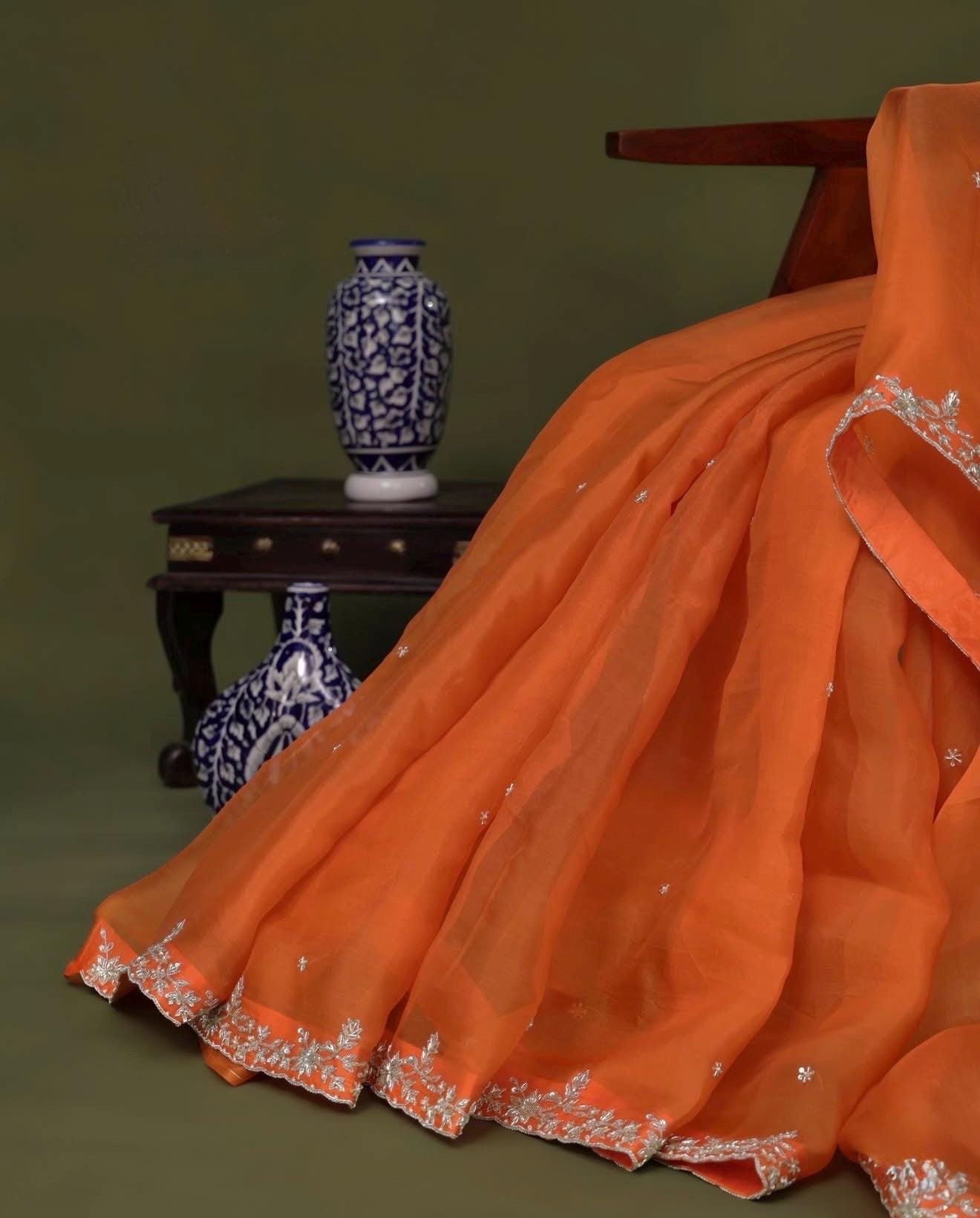 Orange handwork Saree:Hand Embroidered Blouse,Orange Indian Wedding Bridal Saree,luxury wedding saree,pure silk wedding saree,cocktail saree