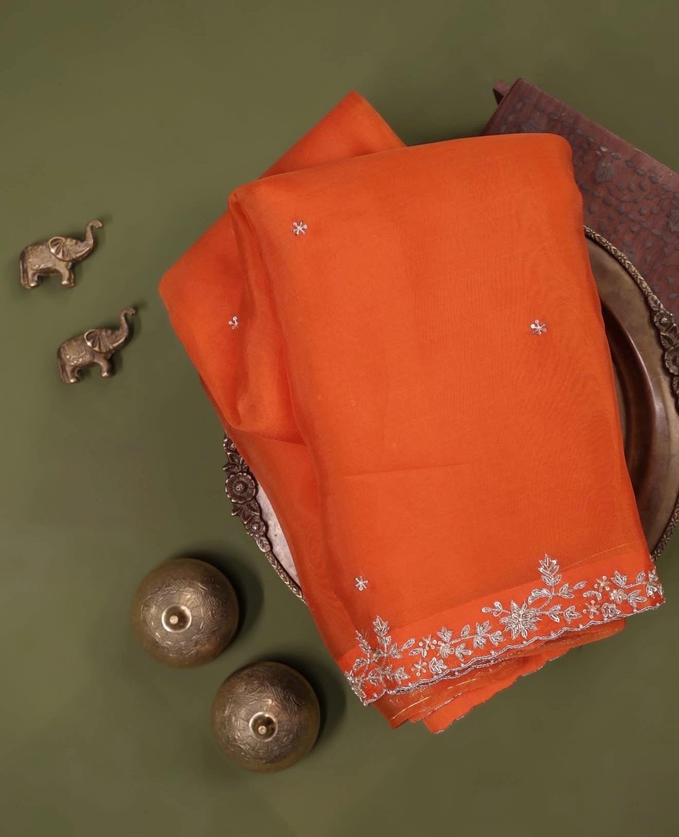 Orange handwork Saree:Hand Embroidered Blouse,Orange Indian Wedding Bridal Saree,luxury wedding saree,pure silk wedding saree,cocktail saree