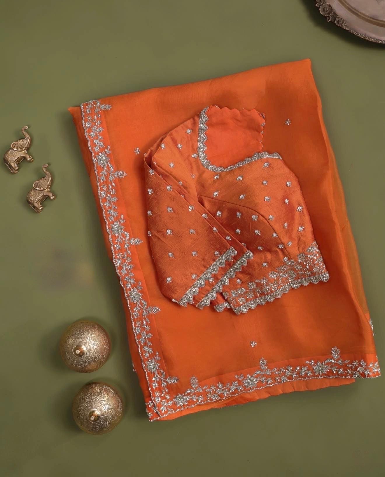 Orange handwork Saree:Hand Embroidered Blouse,Orange Indian Wedding Bridal Saree,luxury wedding saree,pure silk wedding saree,cocktail saree
