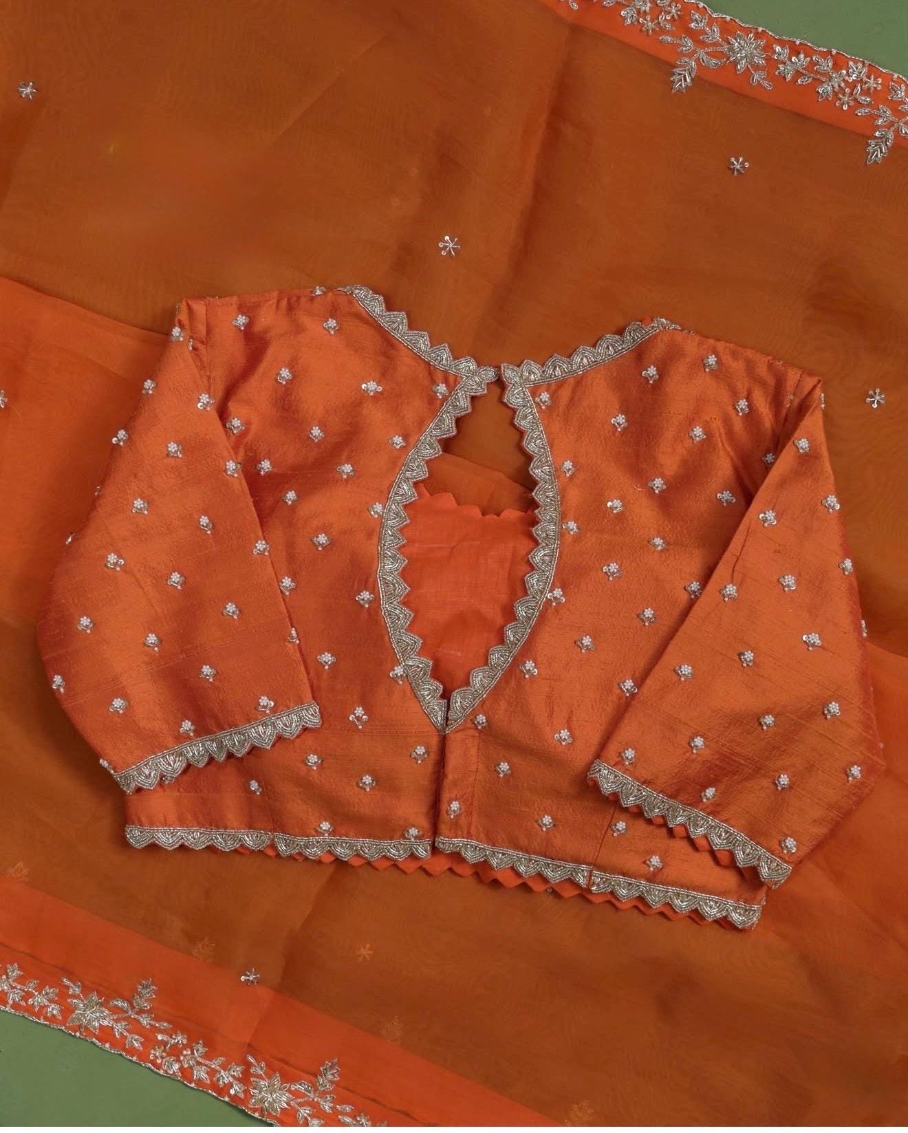 Orange handwork Saree:Hand Embroidered Blouse,Orange Indian Wedding Bridal Saree,luxury wedding saree,pure silk wedding saree,cocktail saree