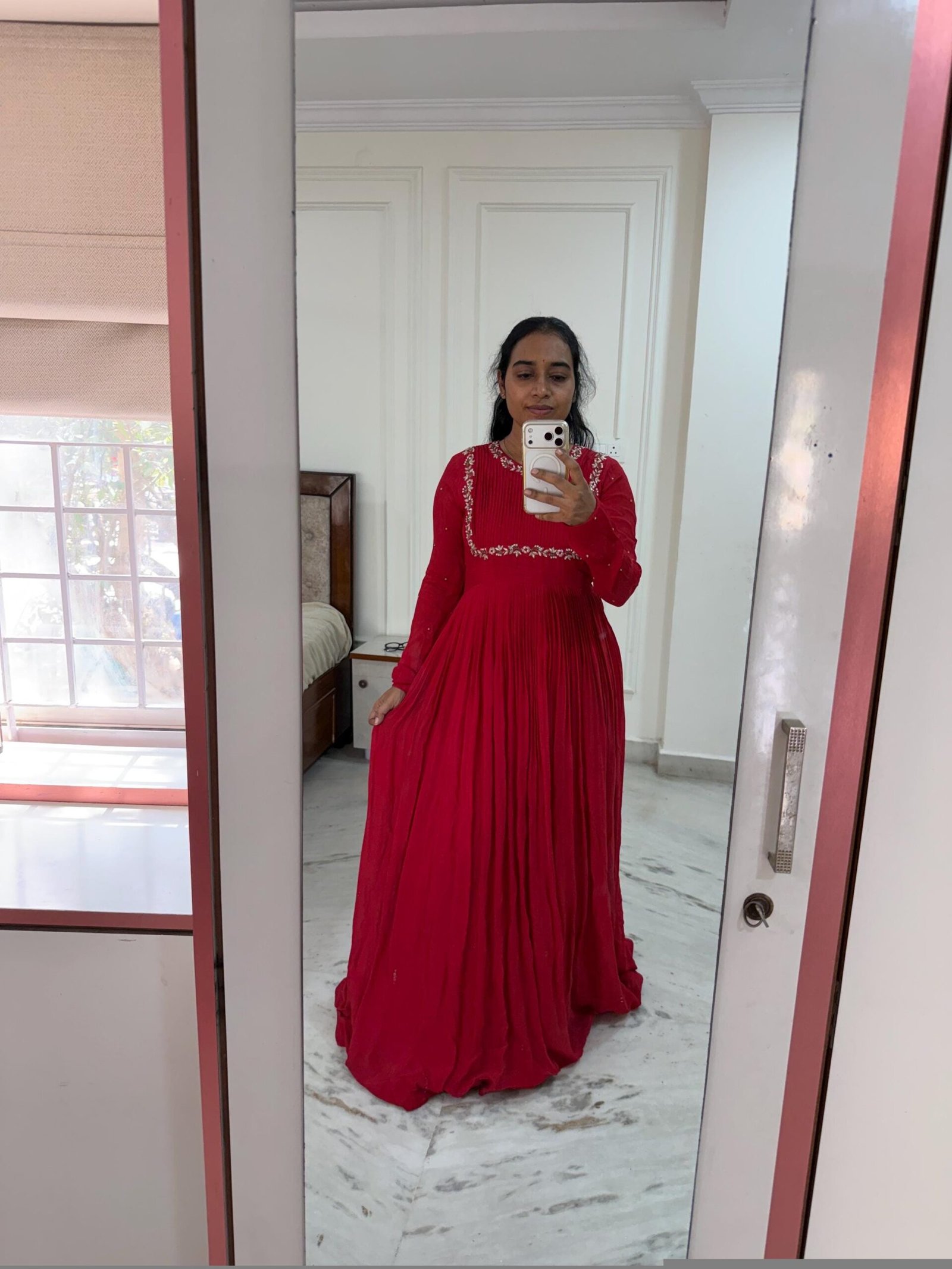 Hand Embroidered Red Chanderi Anarkali Dress: Indian Party Gown,red anarkali dress , red full sleeve dress , handwork dress, Indian kurta us