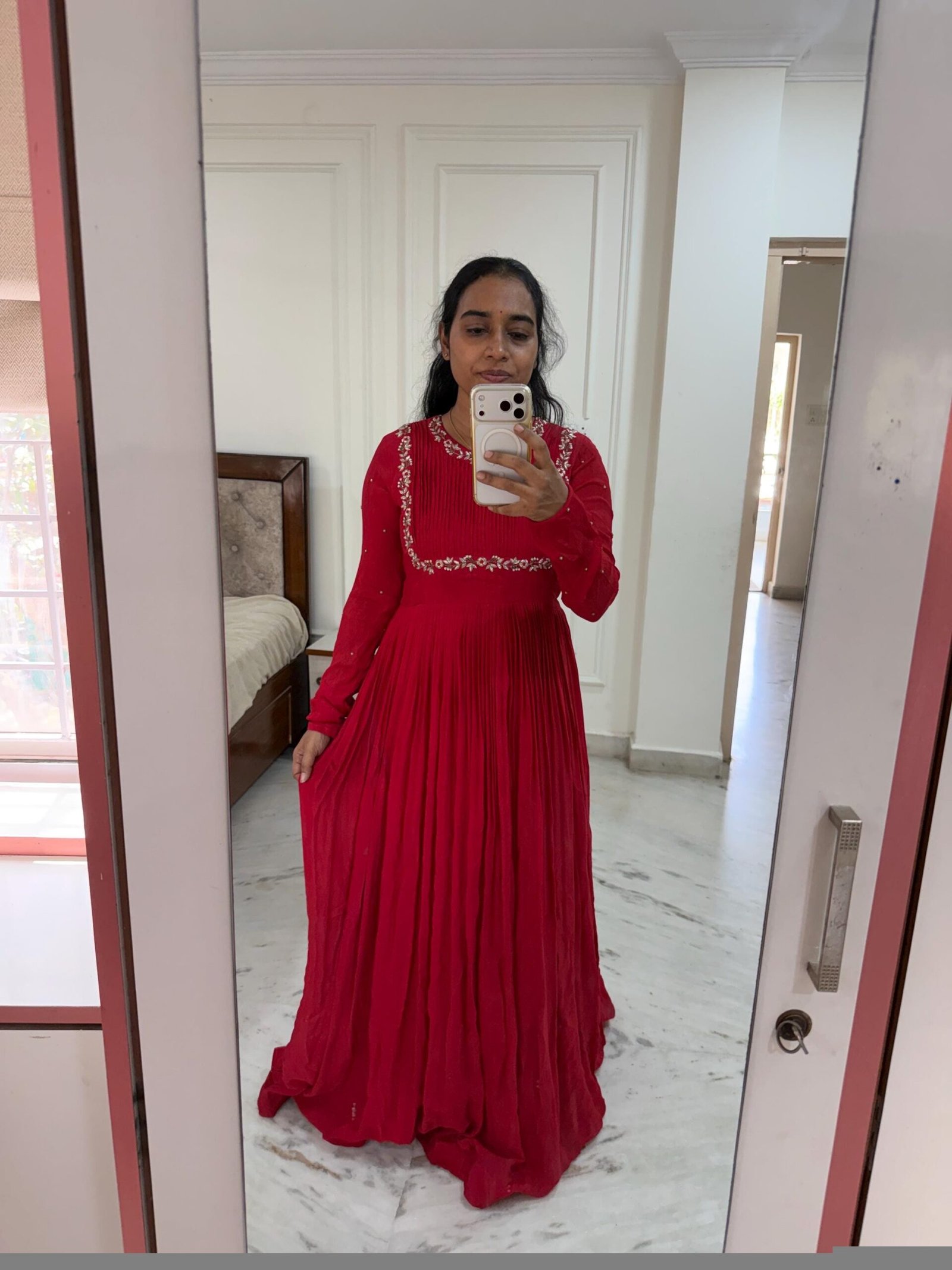 Hand Embroidered Red Chanderi Anarkali Dress: Indian Party Gown,red anarkali dress , red full sleeve dress , handwork dress, Indian kurta us