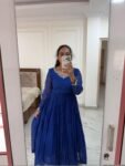 Hand Embroidered Kota Cotton Anarkali Dress: Royal Blue Indian Dress