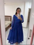 Hand Embroidered Kota Cotton Anarkali Dress: Royal Blue Indian Dress