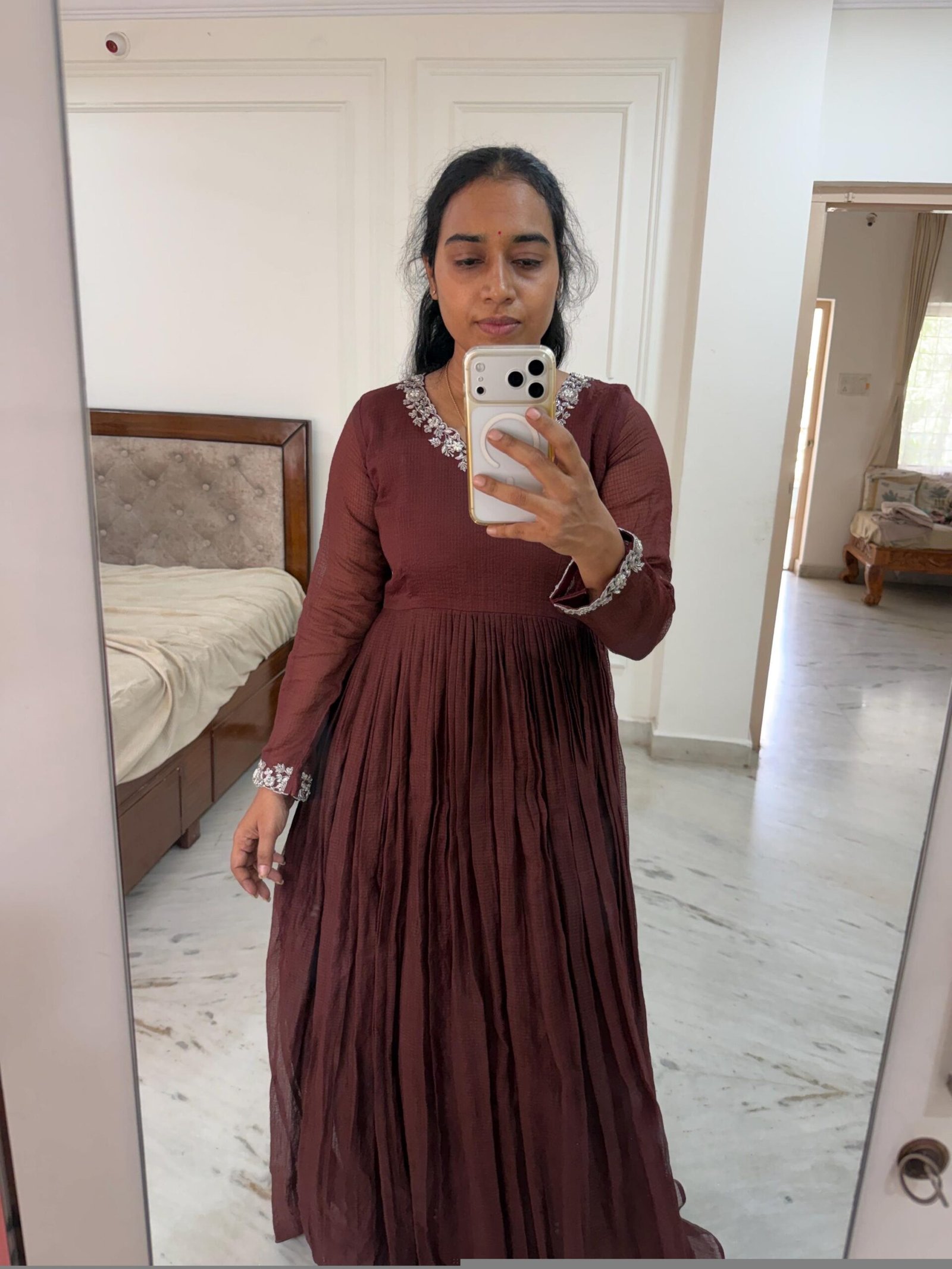 Hand Embroidered Kota Cotton Anarkali Dress: Brown Indian Dress, summer dress , Kota cotton dress, handwork dress, simple dress kurta cotton