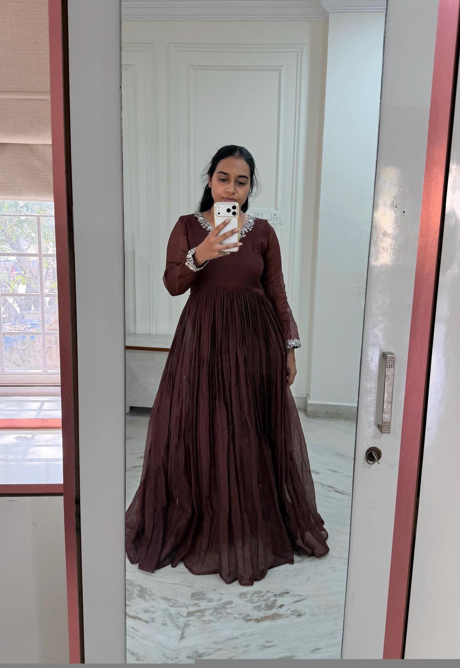 Hand Embroidered Kota Cotton Anarkali Dress: Brown Indian Dress, summer dress , Kota cotton dress, handwork dress, simple dress kurta cotton