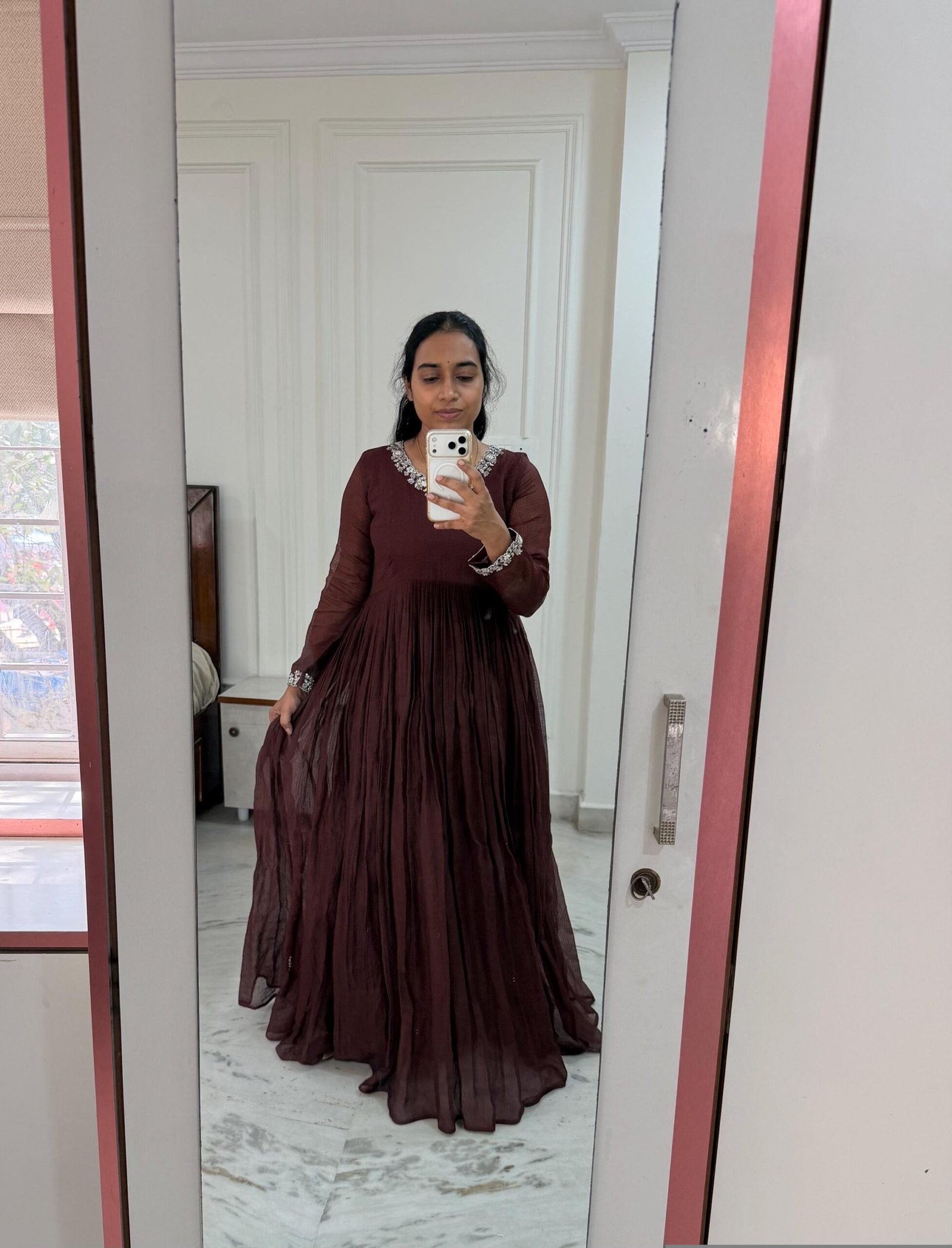 Hand Embroidered Kota Cotton Anarkali Dress: Brown Indian Dress