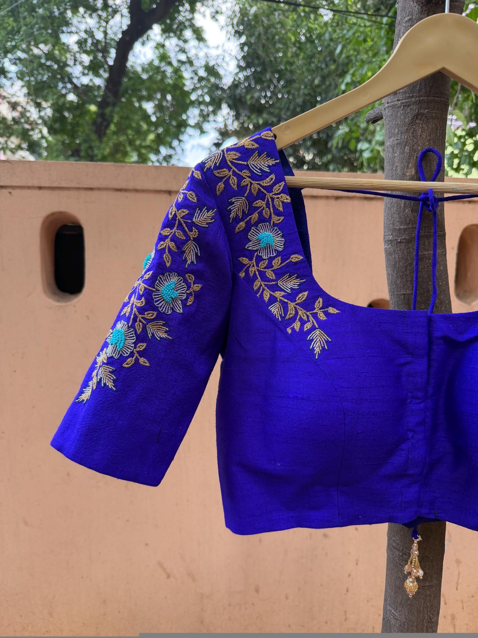 Royal Blue Silk Saree Blouse: Hand Embroidered Zardosi Maggam