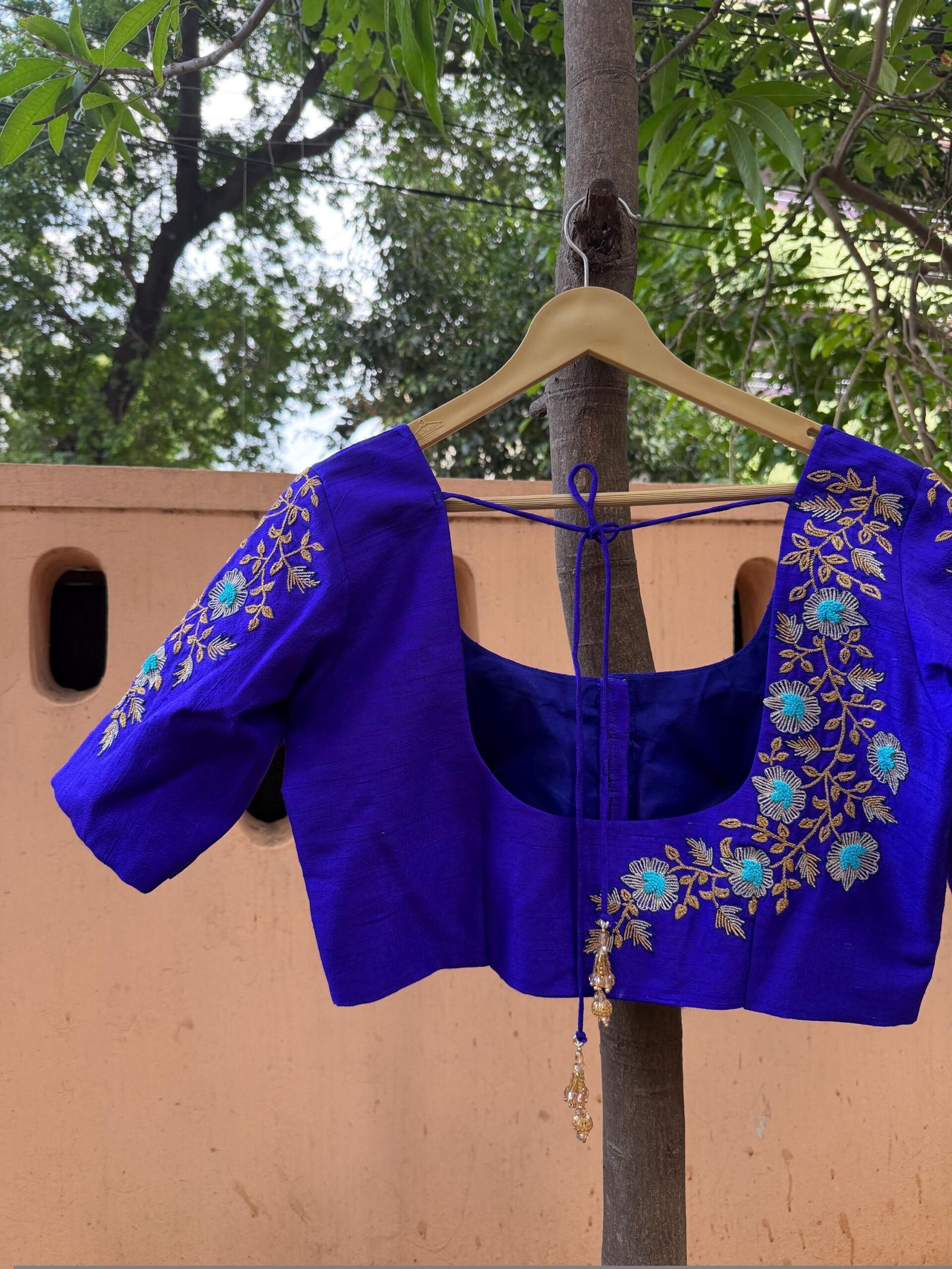 Royal Blue Silk Saree Blouse: Hand Embroidered Zardosi Maggam