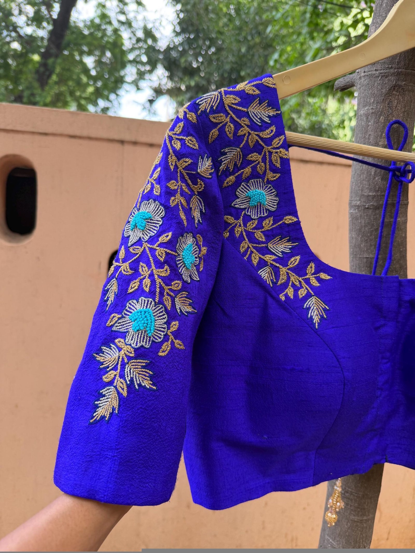 Royal Blue Silk Saree Blouse: Hand Embroidered Zardosi Maggam