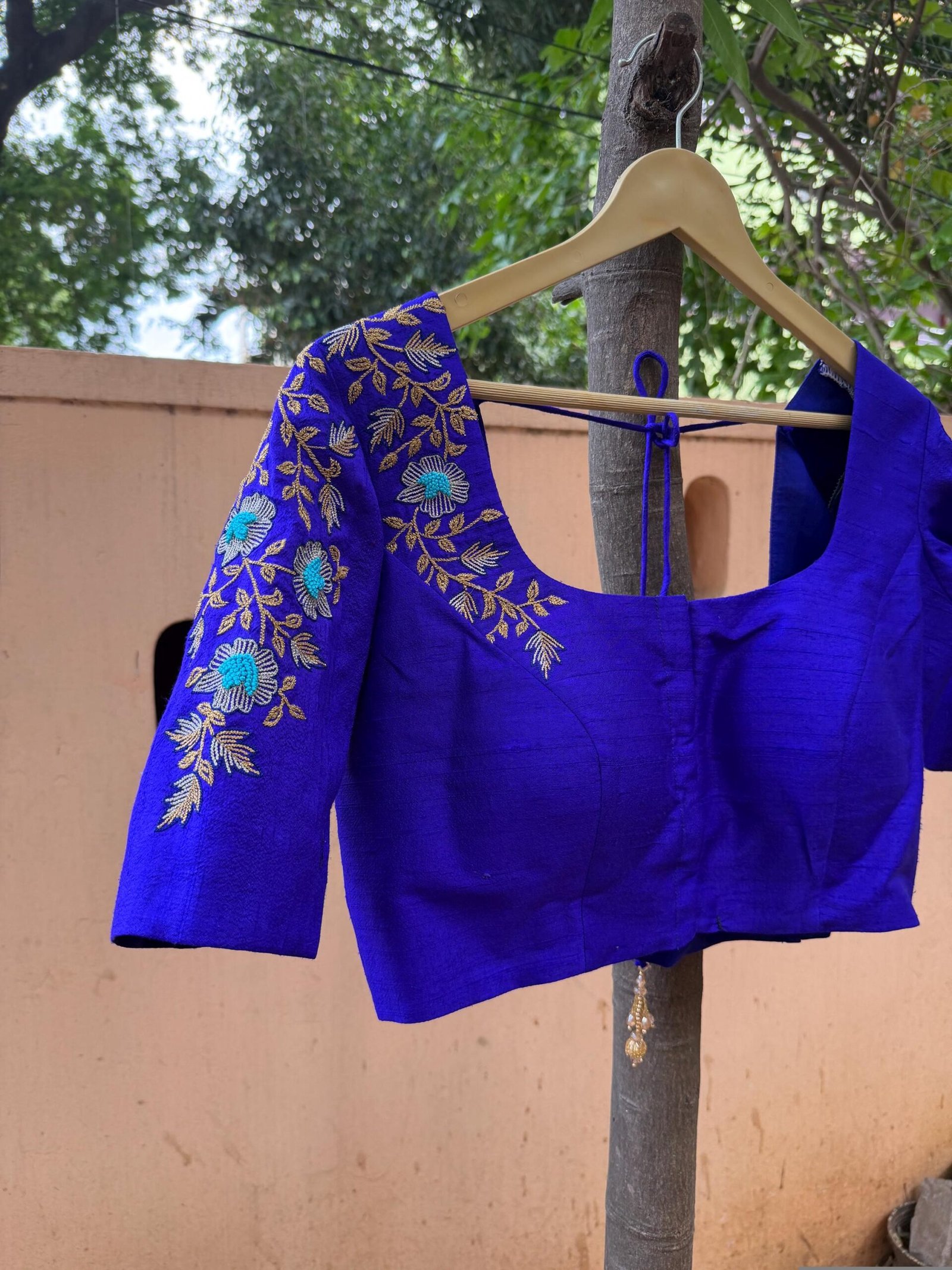 Royal Blue Silk Saree Blouse: Hand Embroidered Zardosi Maggam