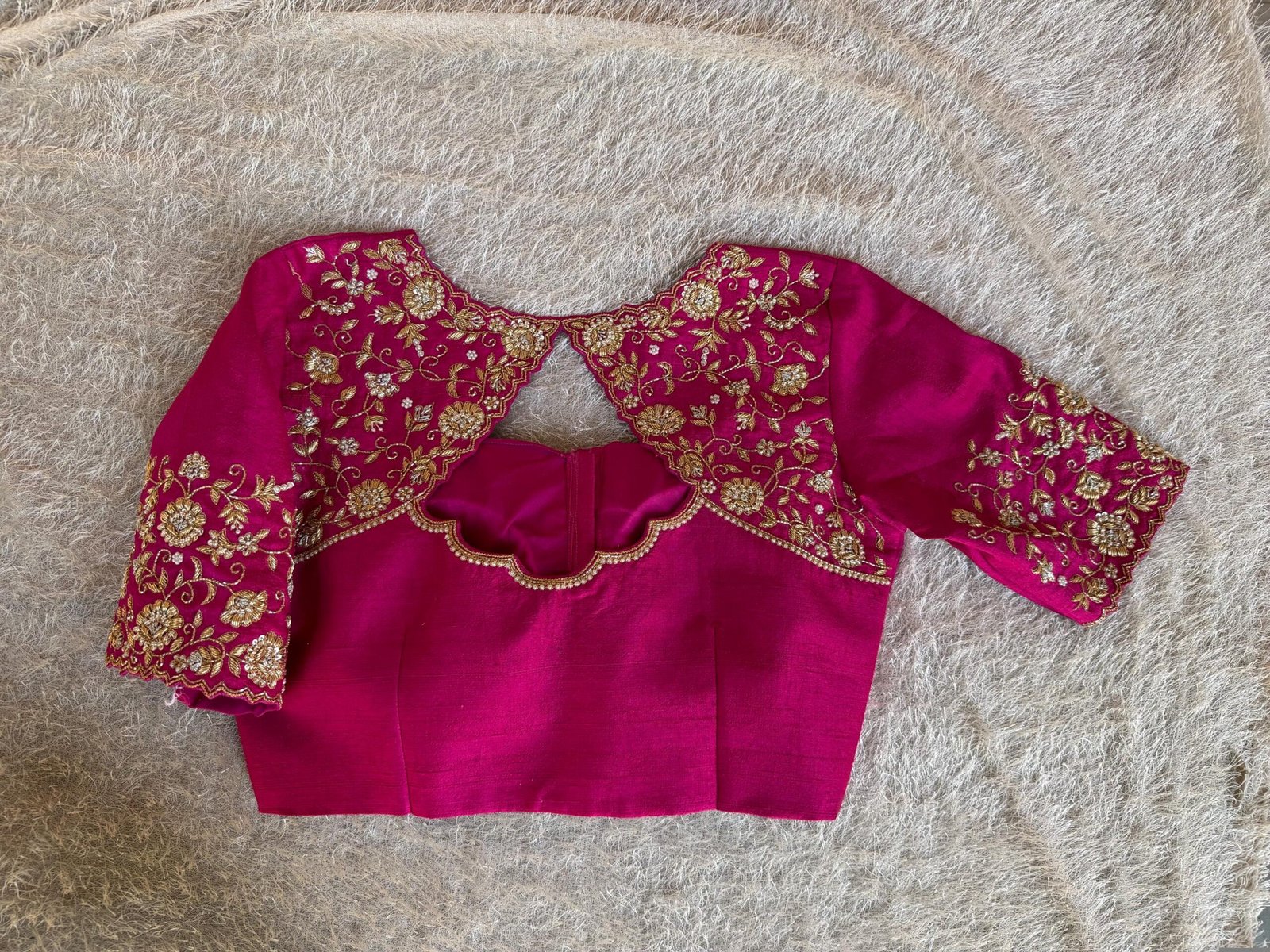 Hand Embroidered Silk Zardosi Blouse: Magenta Pink Maggam Work/pink maggam blouse,plus size blouses,hand work blouse,hand work blouses usa