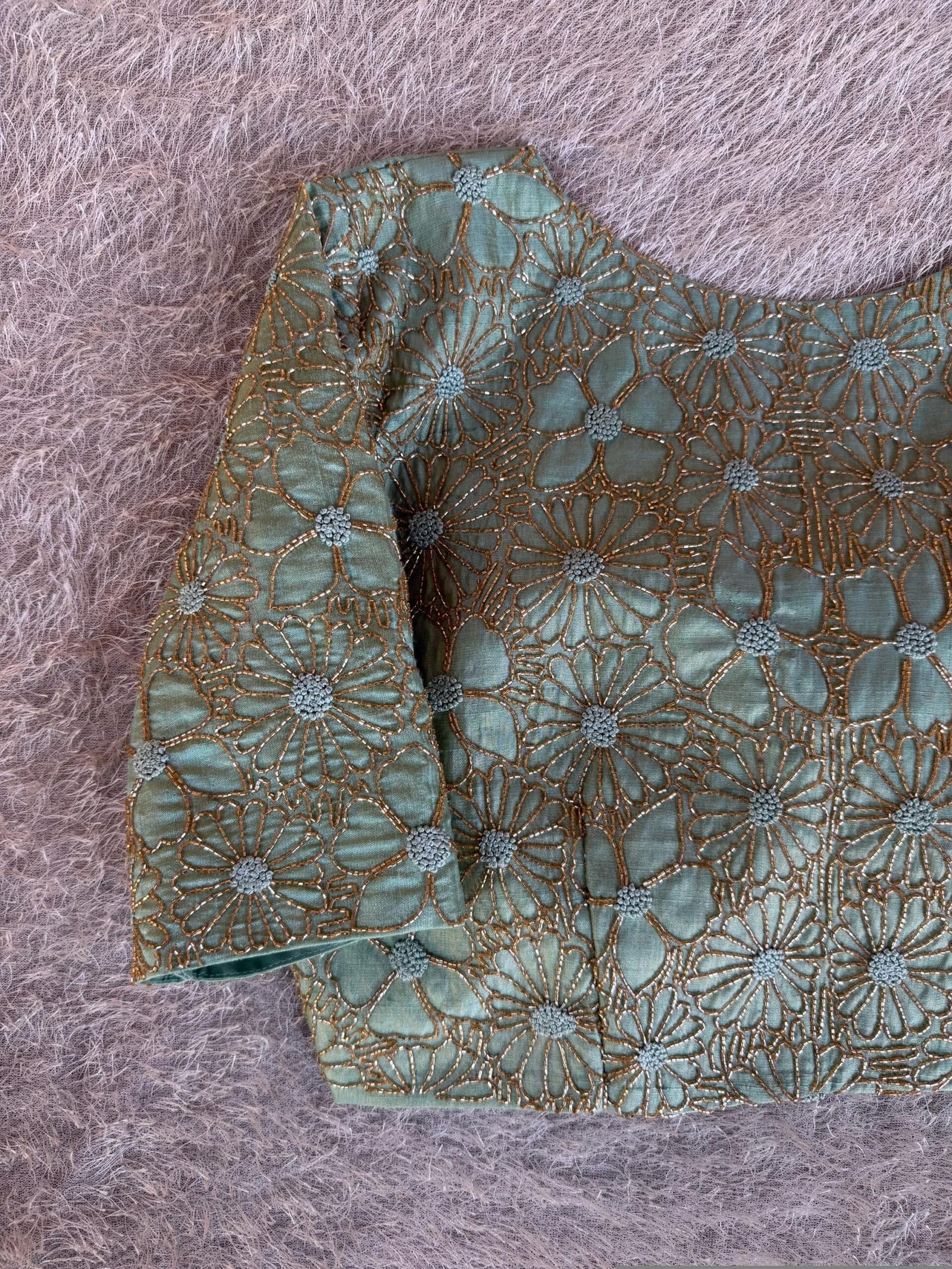 Hand Embroidered Zardosi Silk Blouse: Light Gold Maggam Work,cream tissue blosue,high neck blouse,saree blouses,mix and match saree blouse