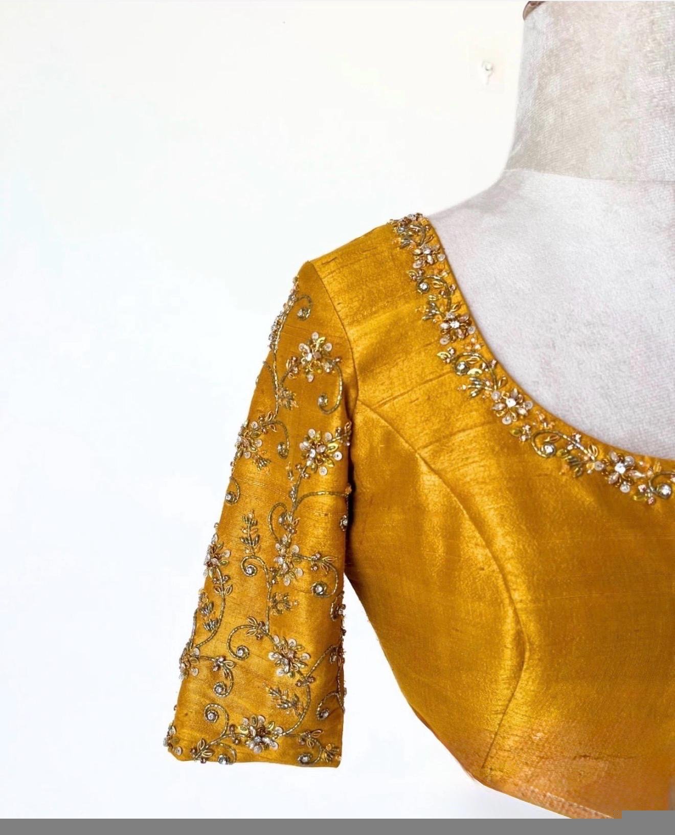 pure silk hand embroidery blouse/saree maggam blouse/yellow zardosi blouse/hand embroidered blouse/mustard yellow ready made blouse zardosi