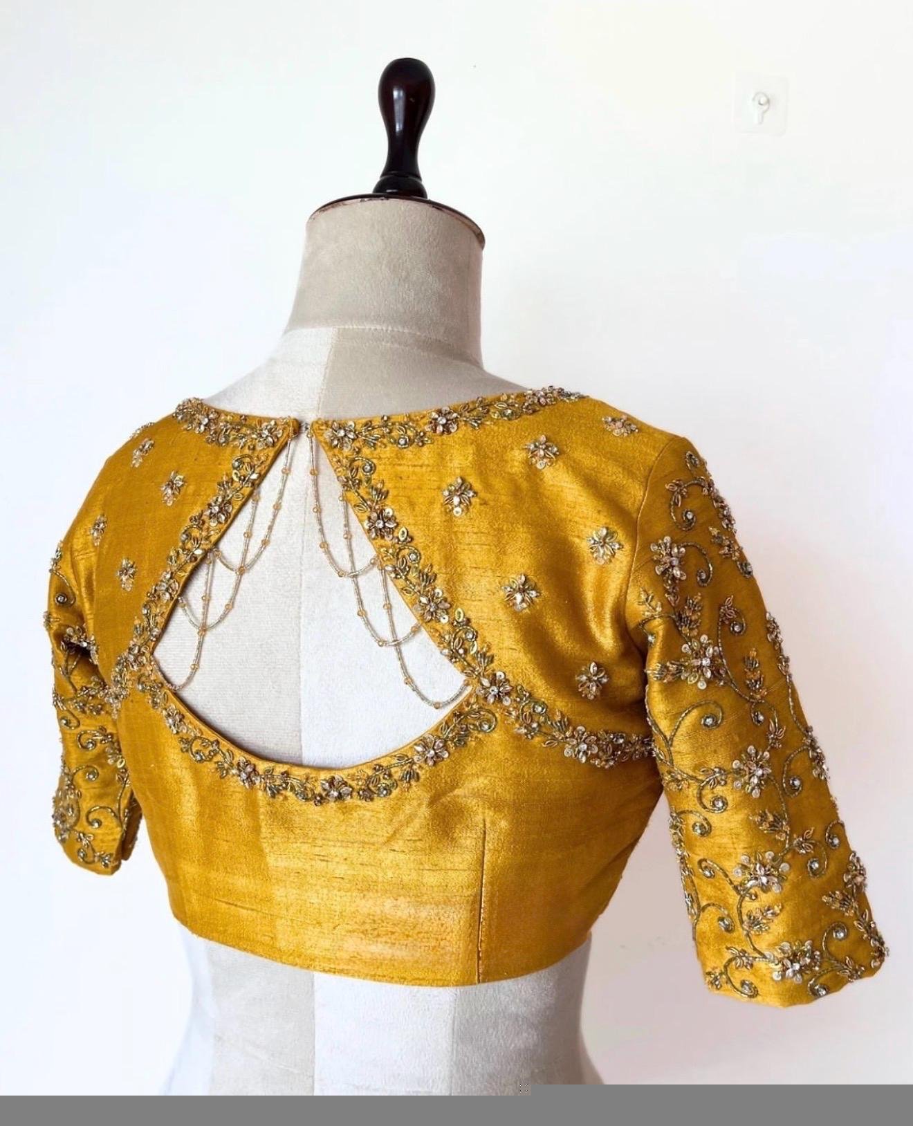 pure silk hand embroidery blouse/saree maggam blouse/yellow zardosi blouse/hand embroidered blouse/mustard yellow ready made blouse zardosi
