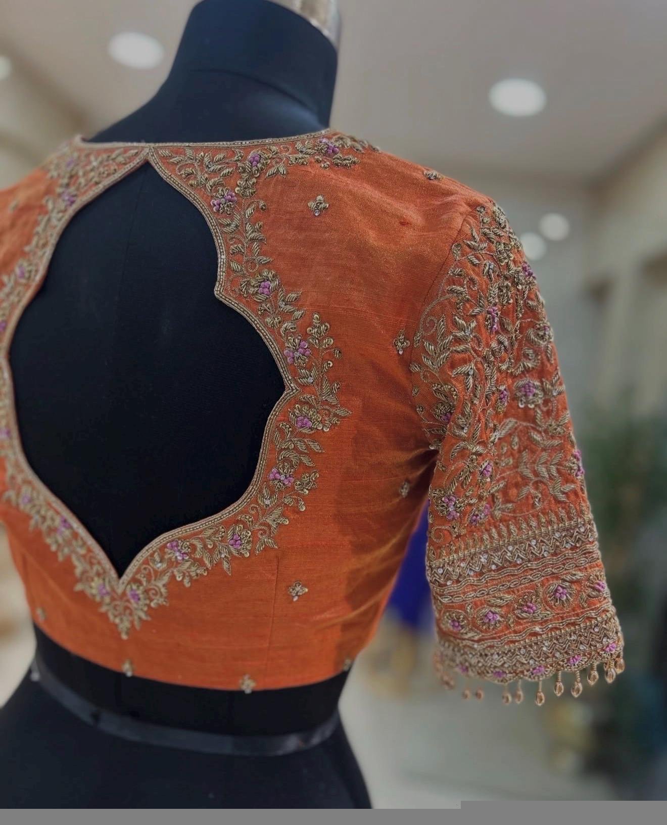 Orange Raw Silk Saree Blouse: Hand Embroidered Zardosi Maggam, orange tissue blouse,orange mix and match blouse,plus size blouse,hand work