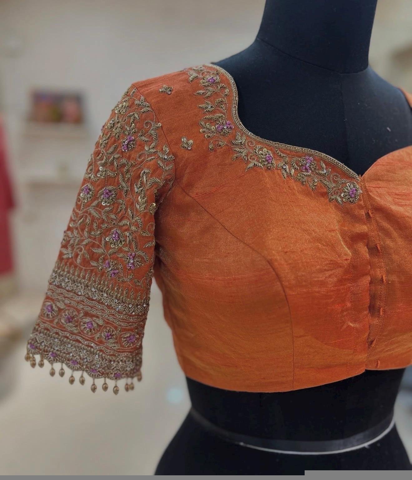 Orange Raw Silk Saree Blouse: Hand Embroidered Zardosi Maggam, orange tissue blouse,orange mix and match blouse,plus size blouse,hand work