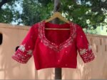 Hand Embroidered Zardosi Blouse: Dark Red Silk Maggam Saree Blouse,red saree blouse,mirror work blouse,handwork blouse,plus size blouse USA
