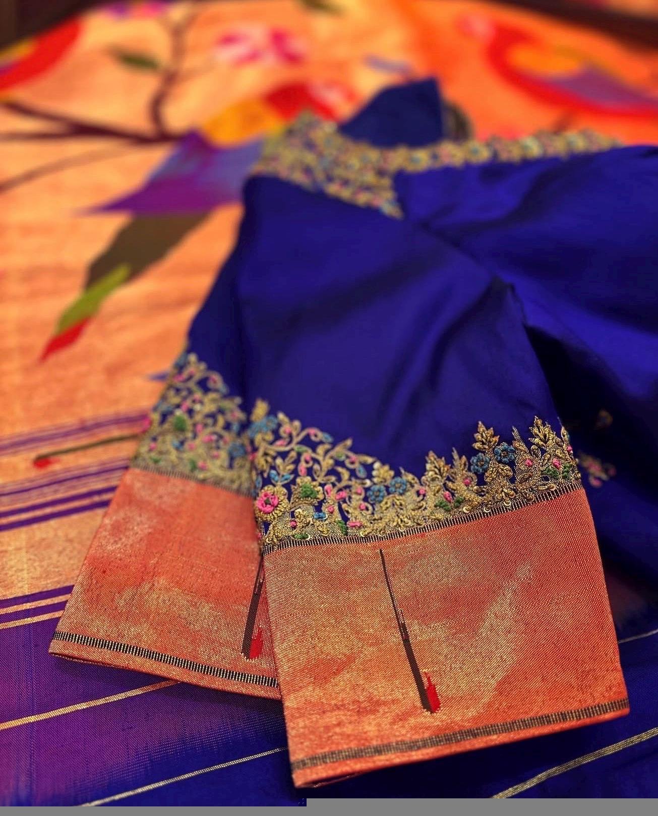 Navy blue silk hand embroidery blouse/blue saree maggam work blouse/paithani blouse/plus size hand embroidered blouse/blue paithani blouse