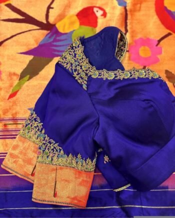Navy blue silk hand embroidery blouse/blue saree maggam work blouse/paithani blouse/plus size hand embroidered blouse/blue paithani blouse