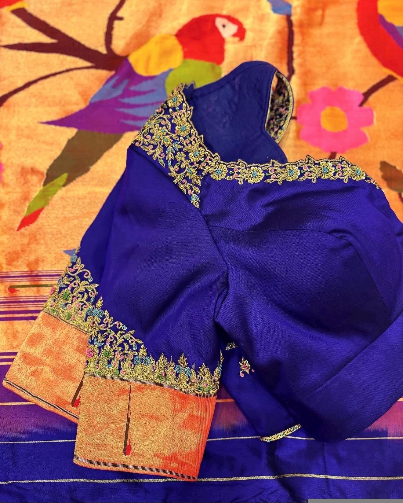 Navy blue silk hand embroidery blouse/blue saree maggam work blouse/paithani blouse/plus size hand embroidered blouse/blue paithani blouse