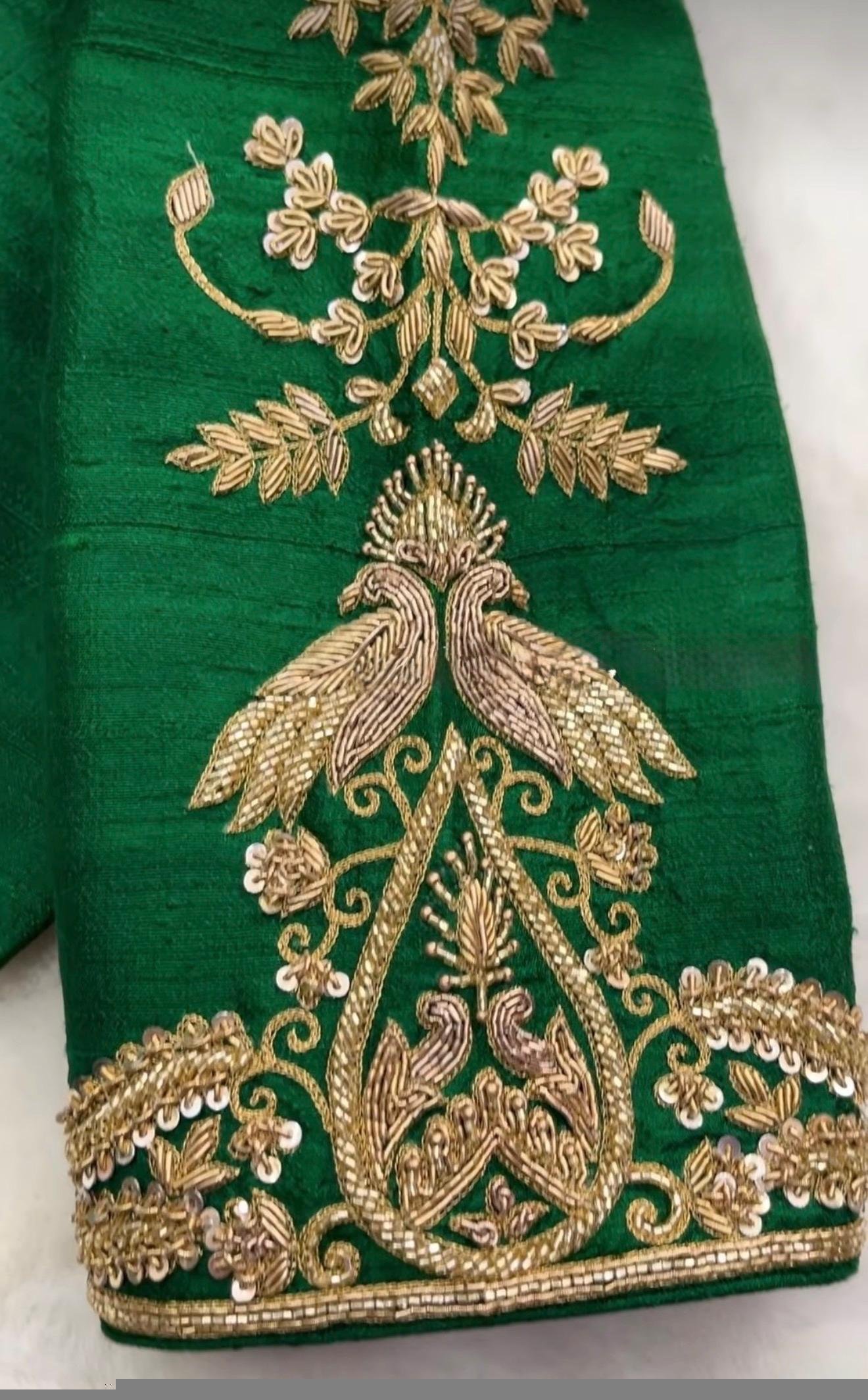 pure silk hand embroidery blouse/green saree maggam blouse/raw silk banarasizardosi blouse/hand embroidered blouse/ready made blouse zardosi