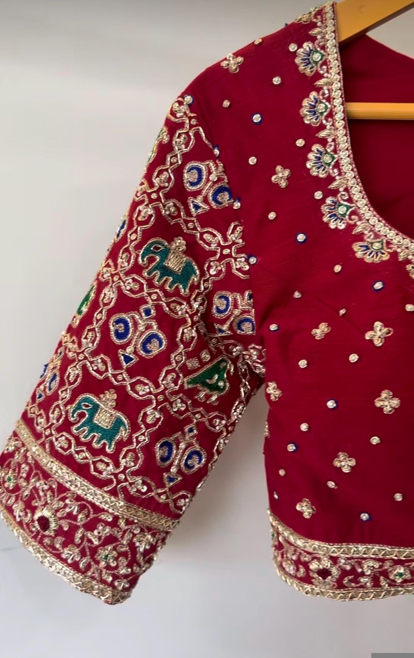 Hand Embroidered Pure Silk Blouse: Red Zardosi Maggam Saree Blouse,plus size blouse,hand work blouse,maggam blouse,red saree blouse USA