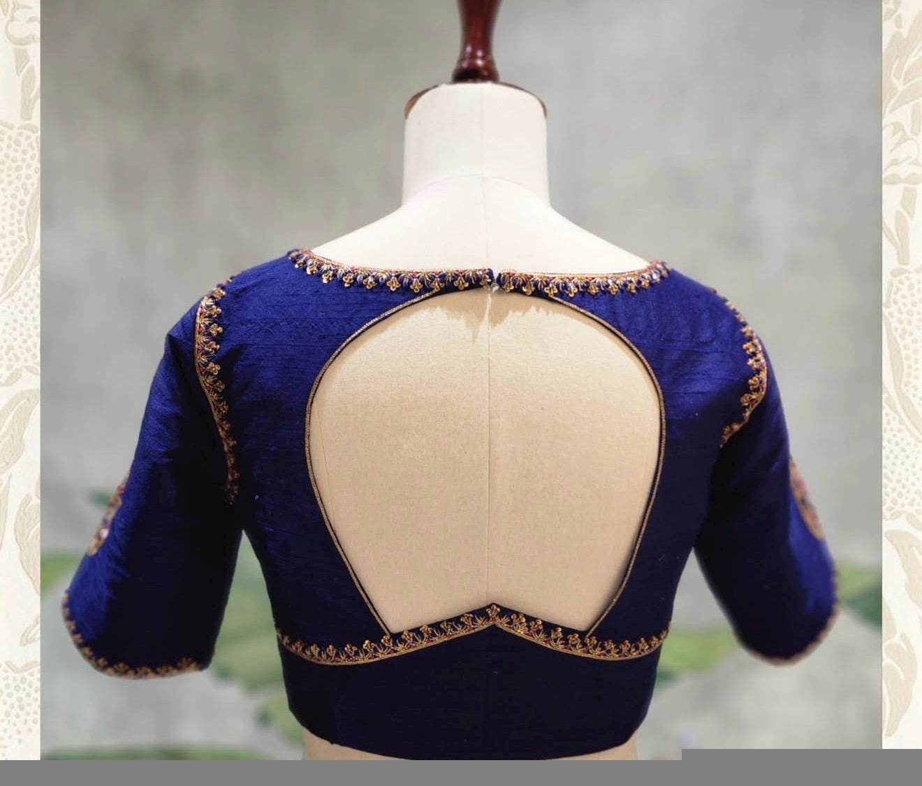 Navy blue silk hand embroidery blouse/blue saree maggam work blouse/blue saree blouse/hand embroidered blouse/blue ready made blouse zardosi