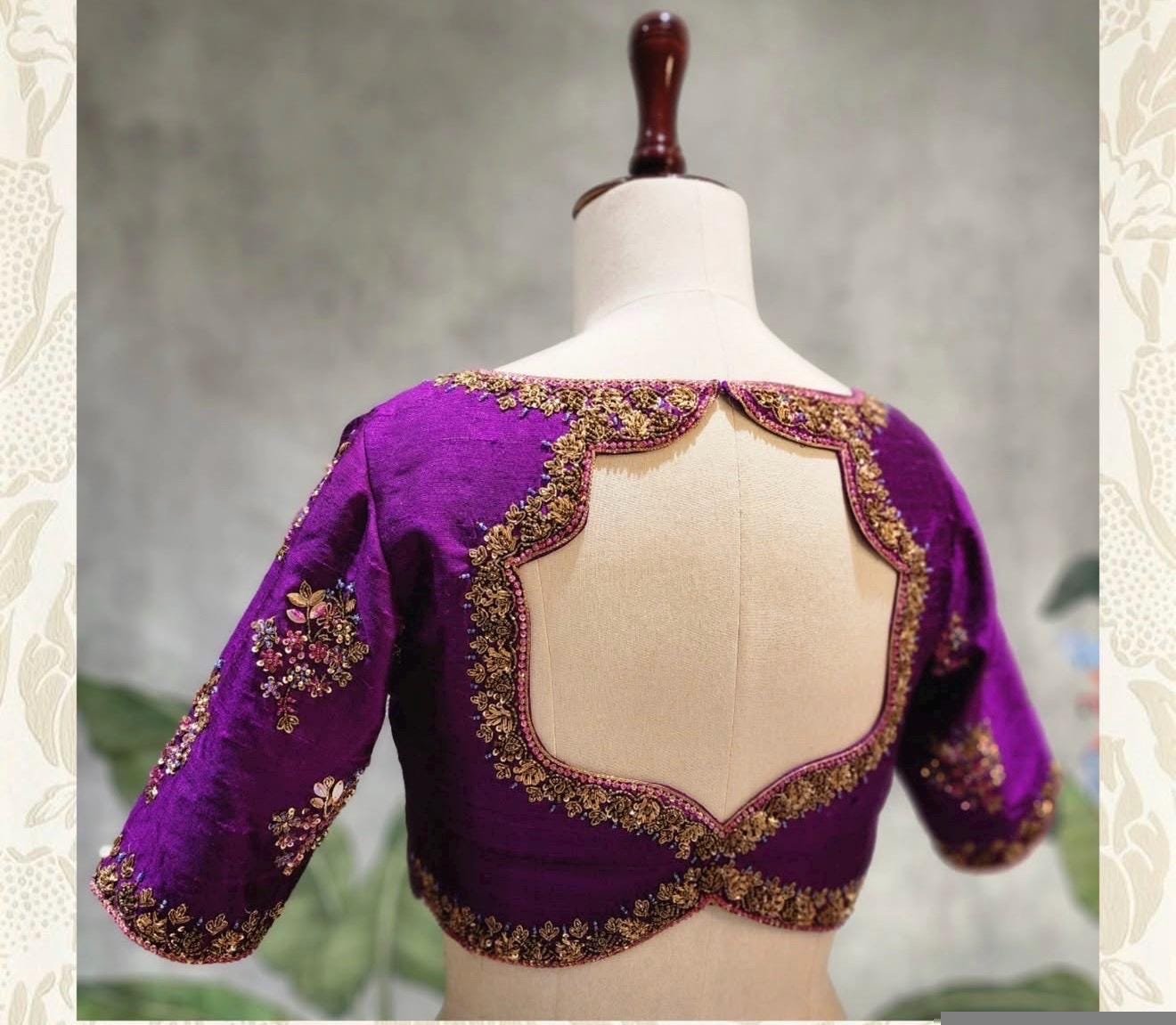 Hand Embroidered Pure Silk Blouse: Purple Zardosi Maggam Work, plus size blouses, handwork blouse,purple saree blouse,bridal wedding blouses