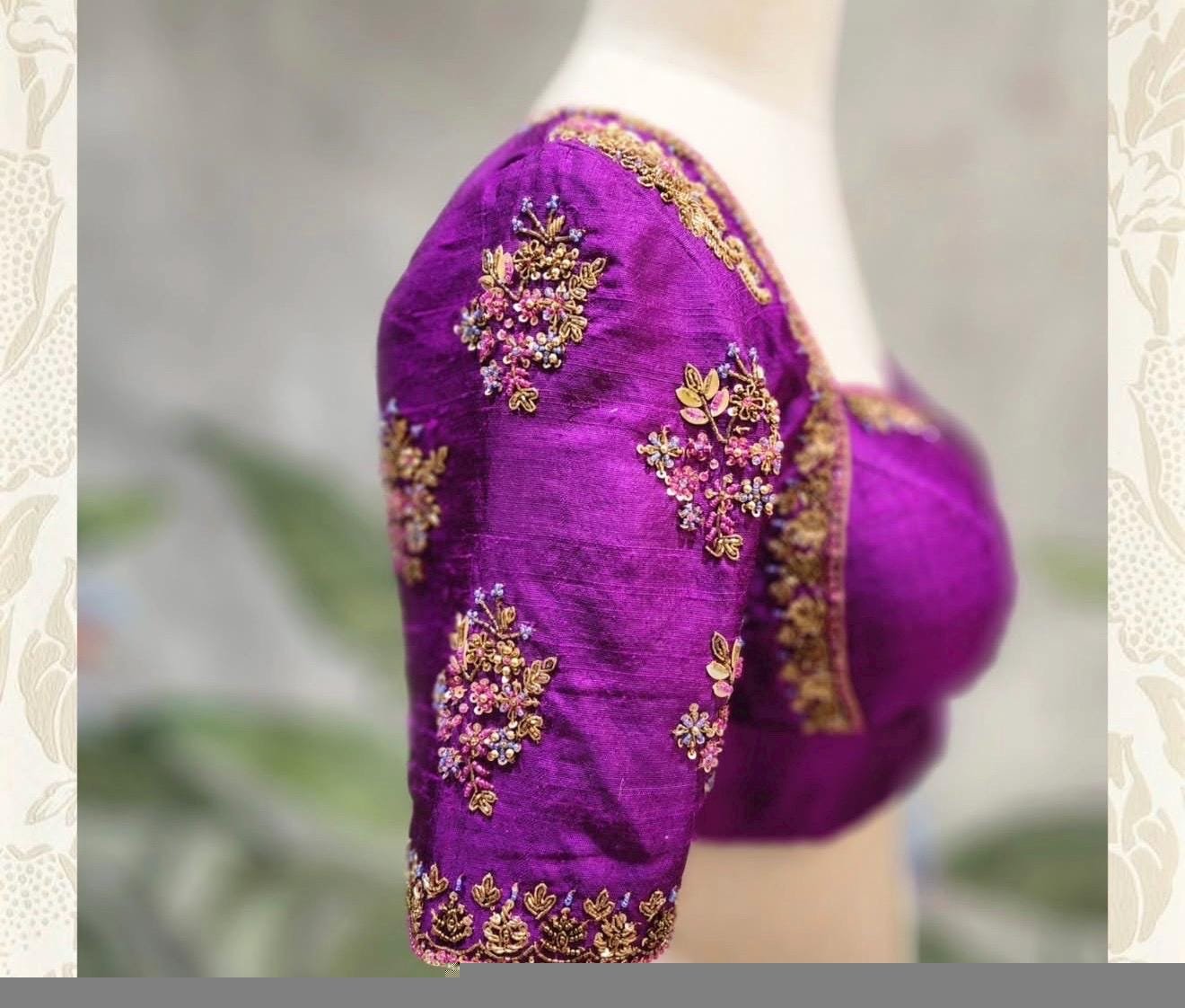 Hand Embroidered Pure Silk Blouse: Purple Zardosi Maggam Work, plus size blouses, handwork blouse,purple saree blouse,bridal wedding blouses