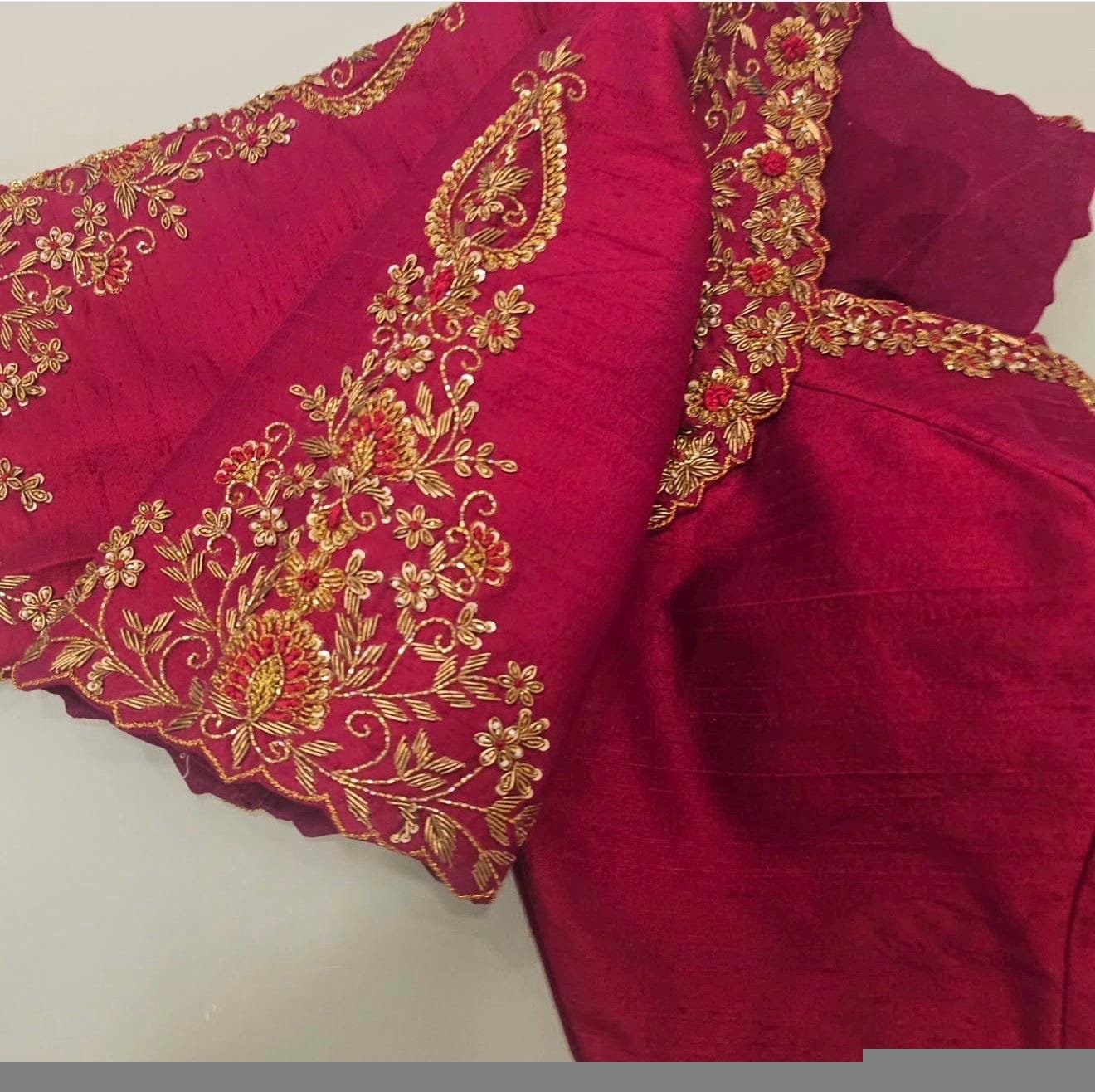 pure silk hand embroidery blouse/saree maggam blouse/red zardosi blouse/maroon red hand embroidered blouse/red ready made blouse zardosi USA