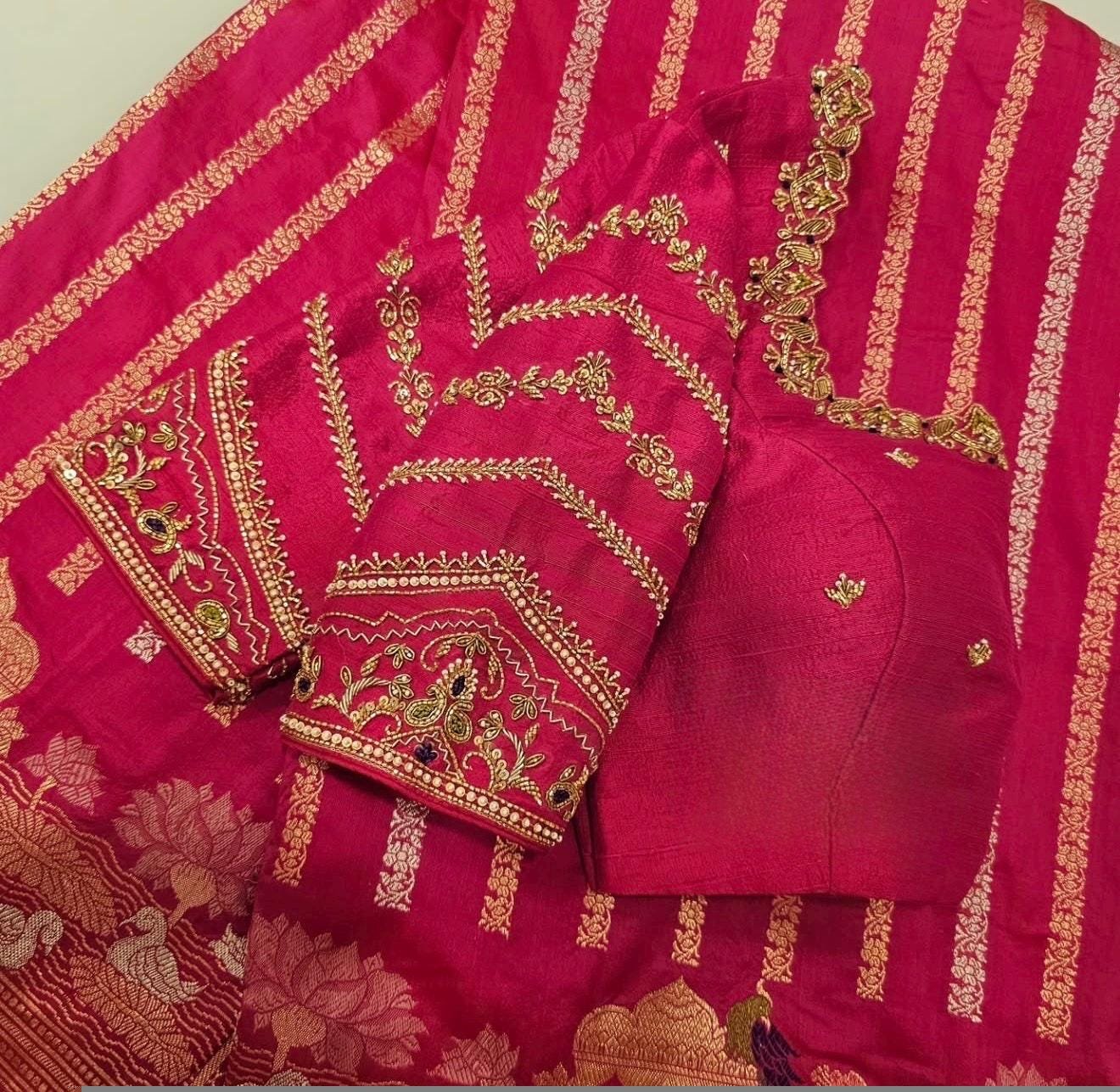 Hand Embroidered Silk Zardosi Blouse: Magenta Pink Maggam Work/pink maggam blouse,plus size blouses,hand work blouse,hand work blouses usa
