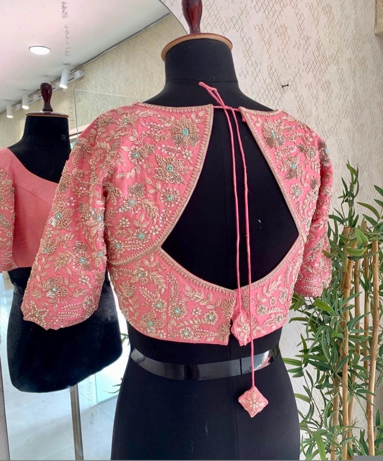 pure silk hand embroidery blouse/peach pink maggam blouse/peach hand embroidered blouse/pink ready made blouse zardosi/ peach pink blouse