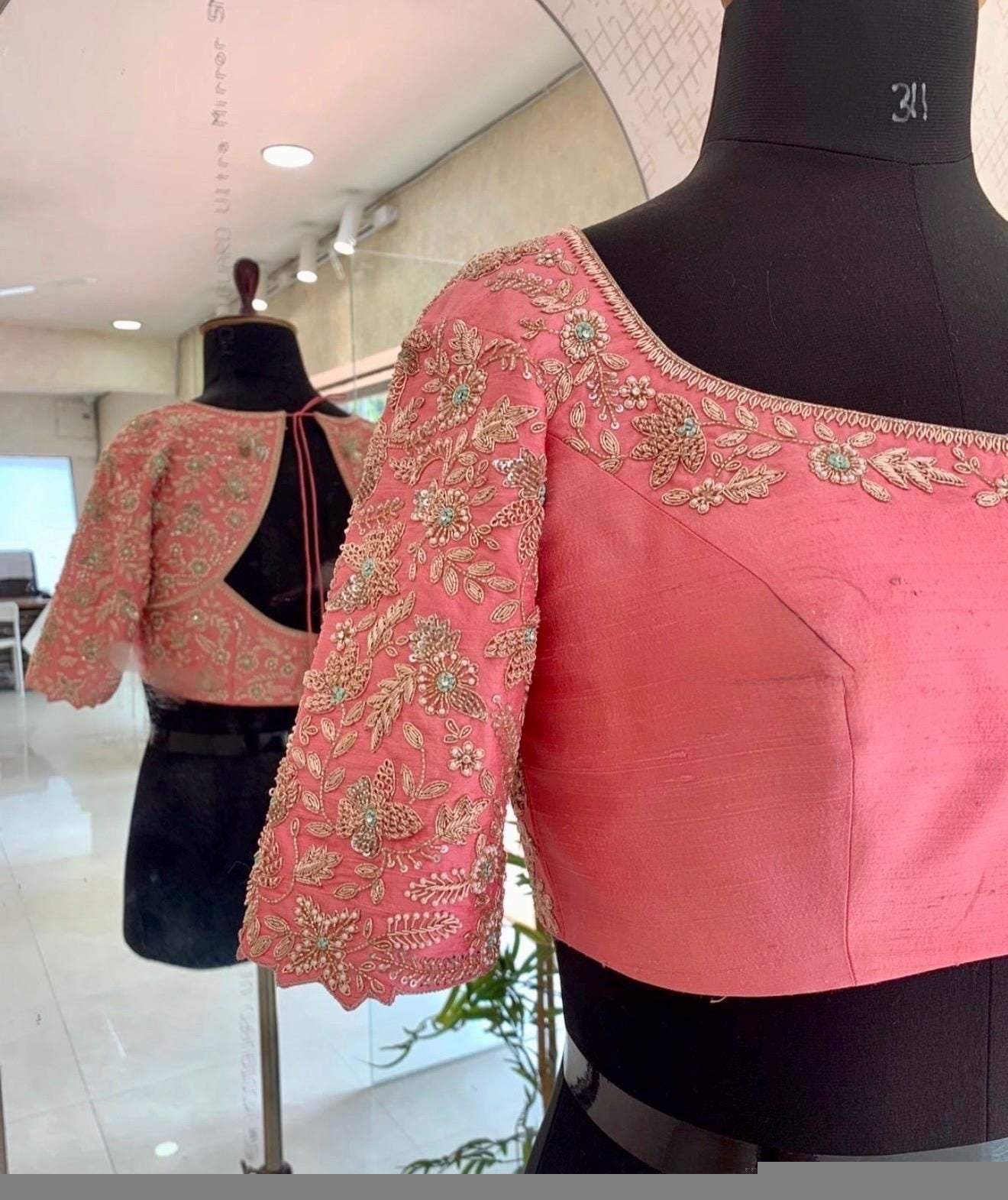 pure silk hand embroidery blouse/peach pink maggam blouse/peach hand embroidered blouse/pink ready made blouse zardosi/ peach pink blouse