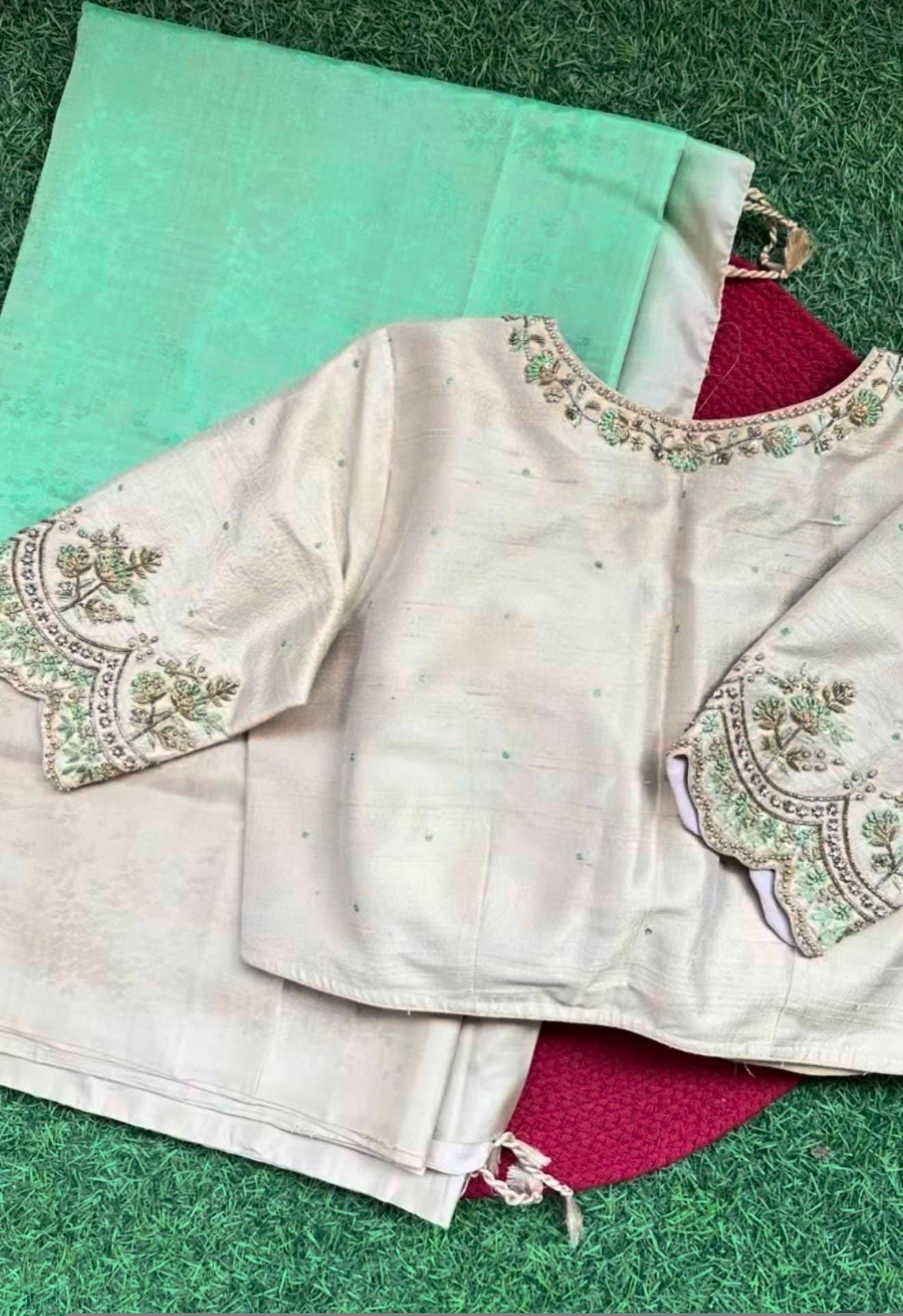 pure silk hand embroidery blouse / cream maggam blouse / raw silk zardosi blouse / hand embroidered blouse / designer ready made blouse