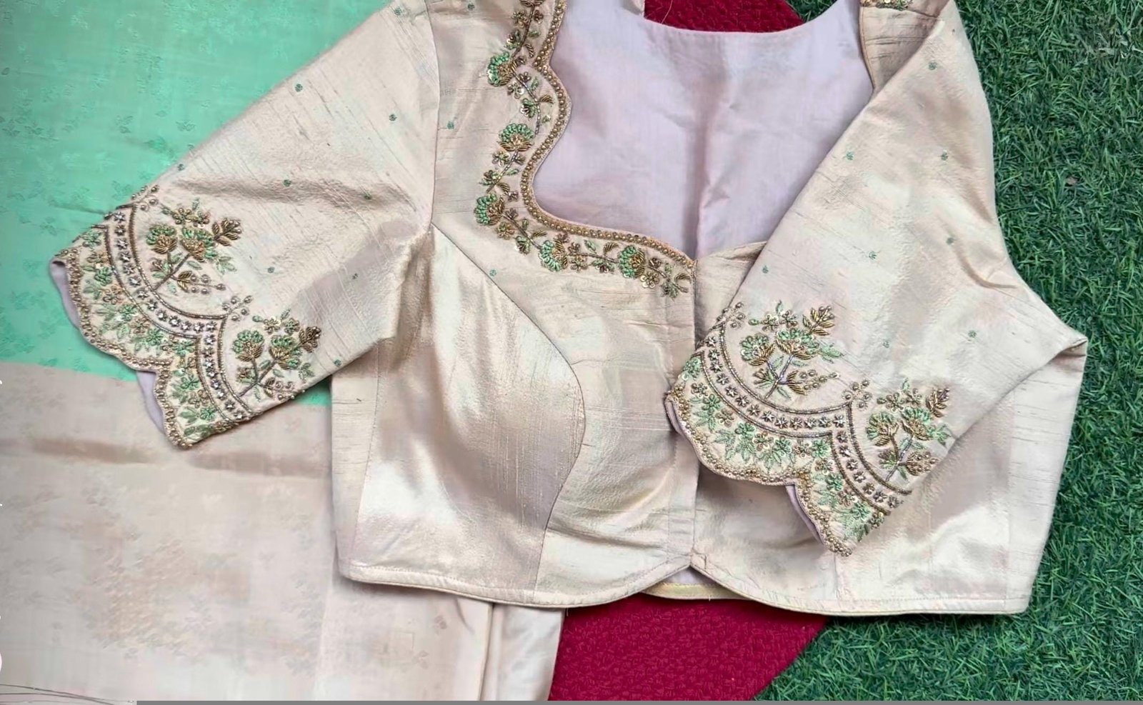pure silk hand embroidery blouse / cream maggam blouse / raw silk zardosi blouse / hand embroidered blouse / designer ready made blouse