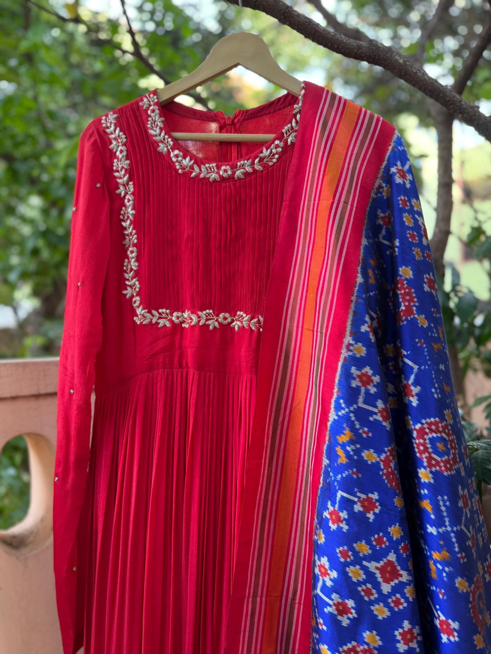 Hand embroidered Anarkali with pure handloom ikkat dupatta/anarkali suit set/anarkali with pochampally dupatta/Indian dresses/ikkat dupatta