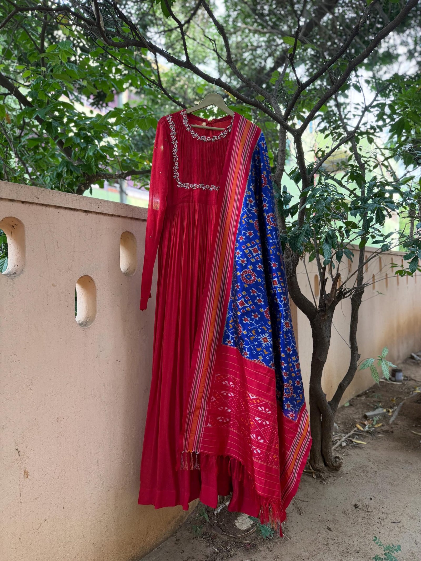 Hand embroidered Anarkali with pure handloom ikkat dupatta/anarkali suit set/anarkali with pochampally dupatta/Indian dresses/ikkat dupatta