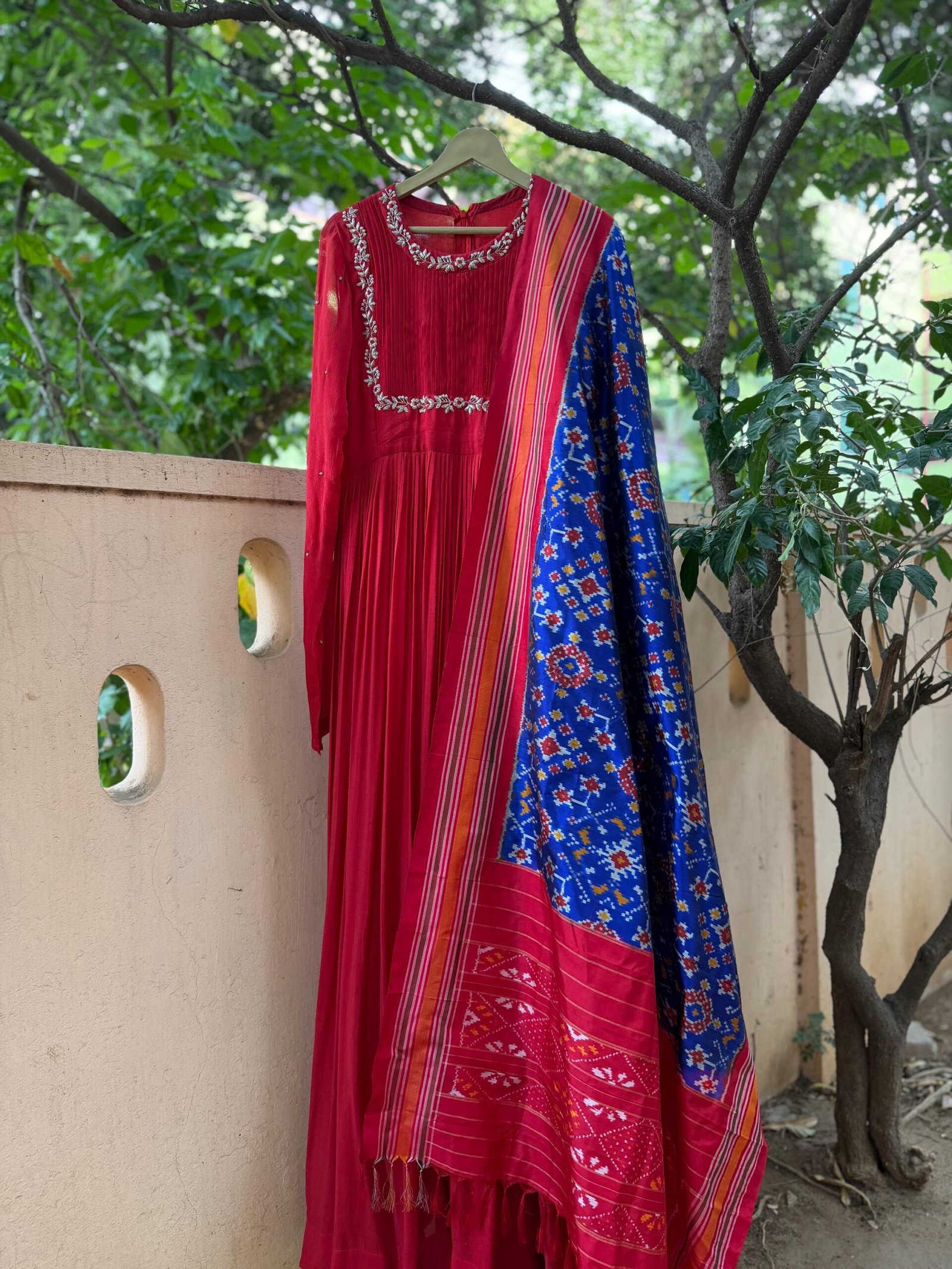 Hand embroidered Anarkali with pure handloom ikkat dupatta/anarkali suit set/anarkali with pochampally dupatta/Indian dresses/ikkat dupatta