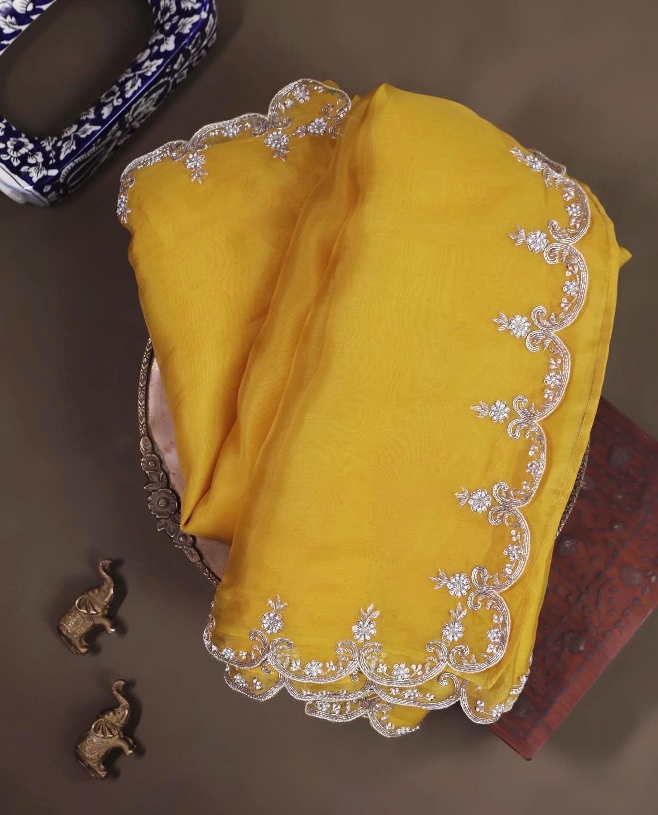 Yellow handwork Saree:Hand Embroidered Blouse,green Indian Wedding Bridal Saree,luxury wedding saree,pure silk wedding saree,cocktail saree