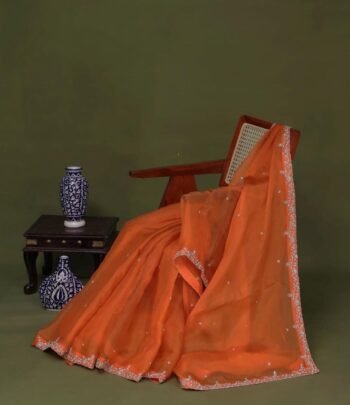 Orange handwork Saree:Hand Embroidered Blouse,Orange Indian Wedding Bridal Saree,luxury wedding saree,pure silk wedding saree,cocktail saree