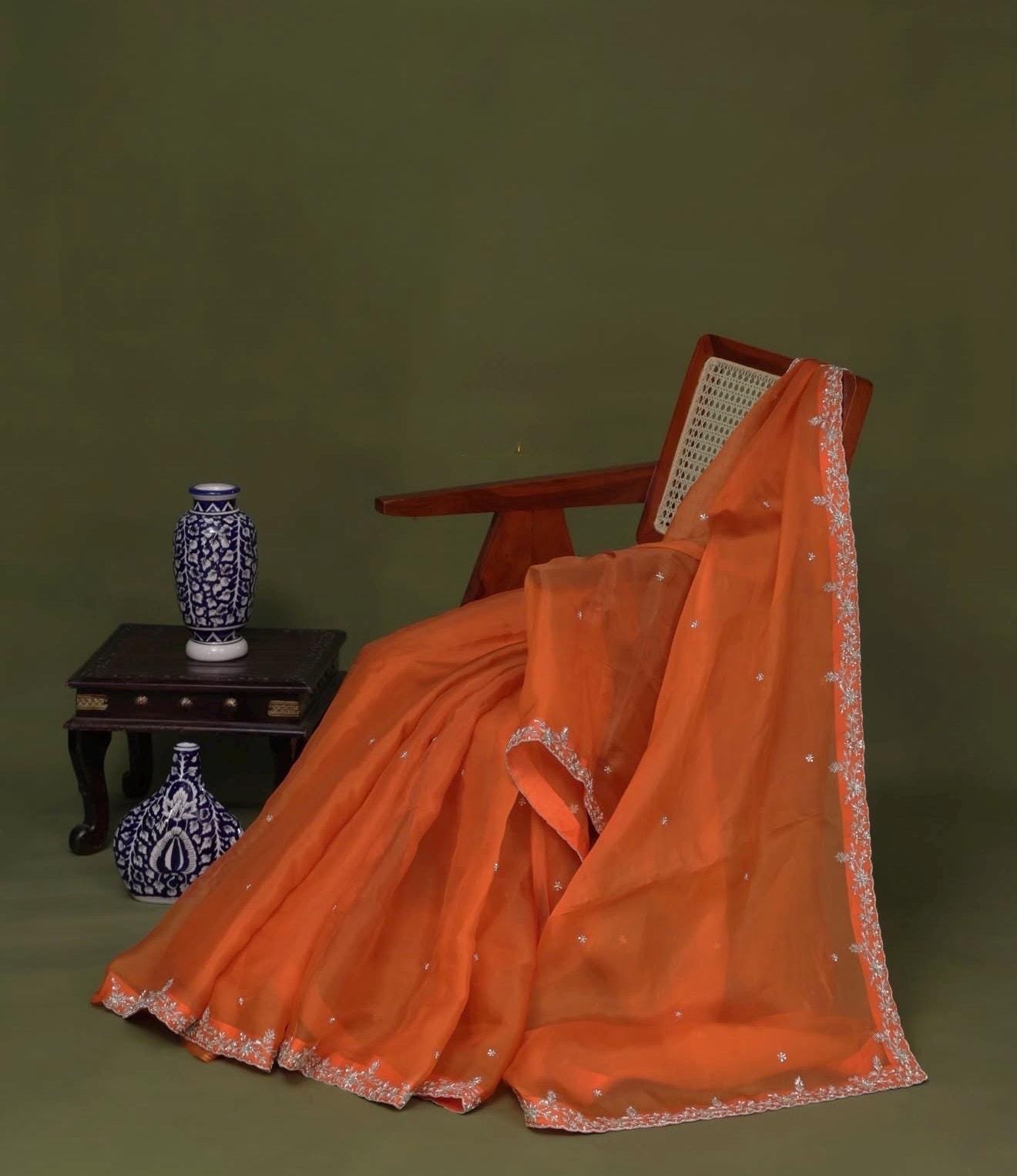 Orange handwork Saree:Hand Embroidered Blouse,Orange Indian Wedding Bridal Saree,luxury wedding saree,pure silk wedding saree,cocktail saree