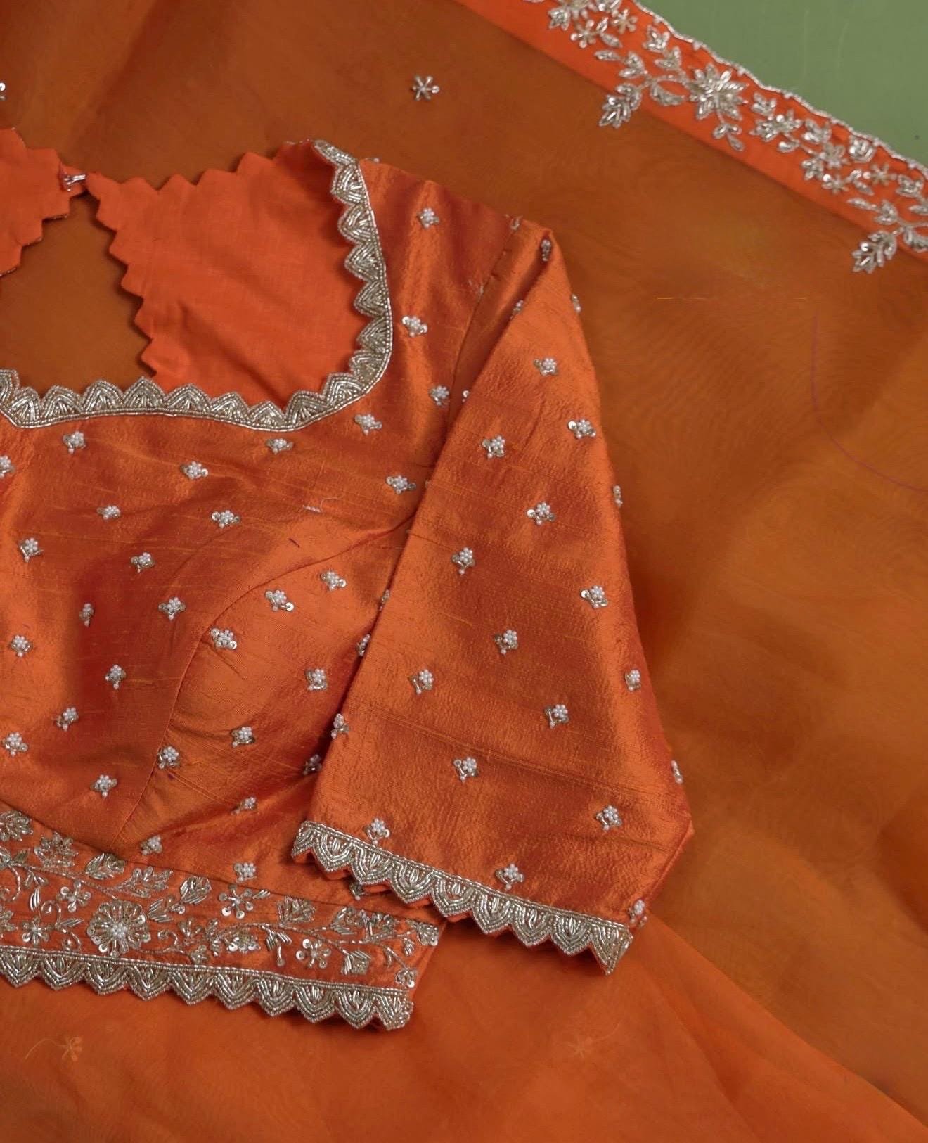 Orange handwork Saree:Hand Embroidered Blouse,Orange Indian Wedding Bridal Saree,luxury wedding saree,pure silk wedding saree,cocktail saree