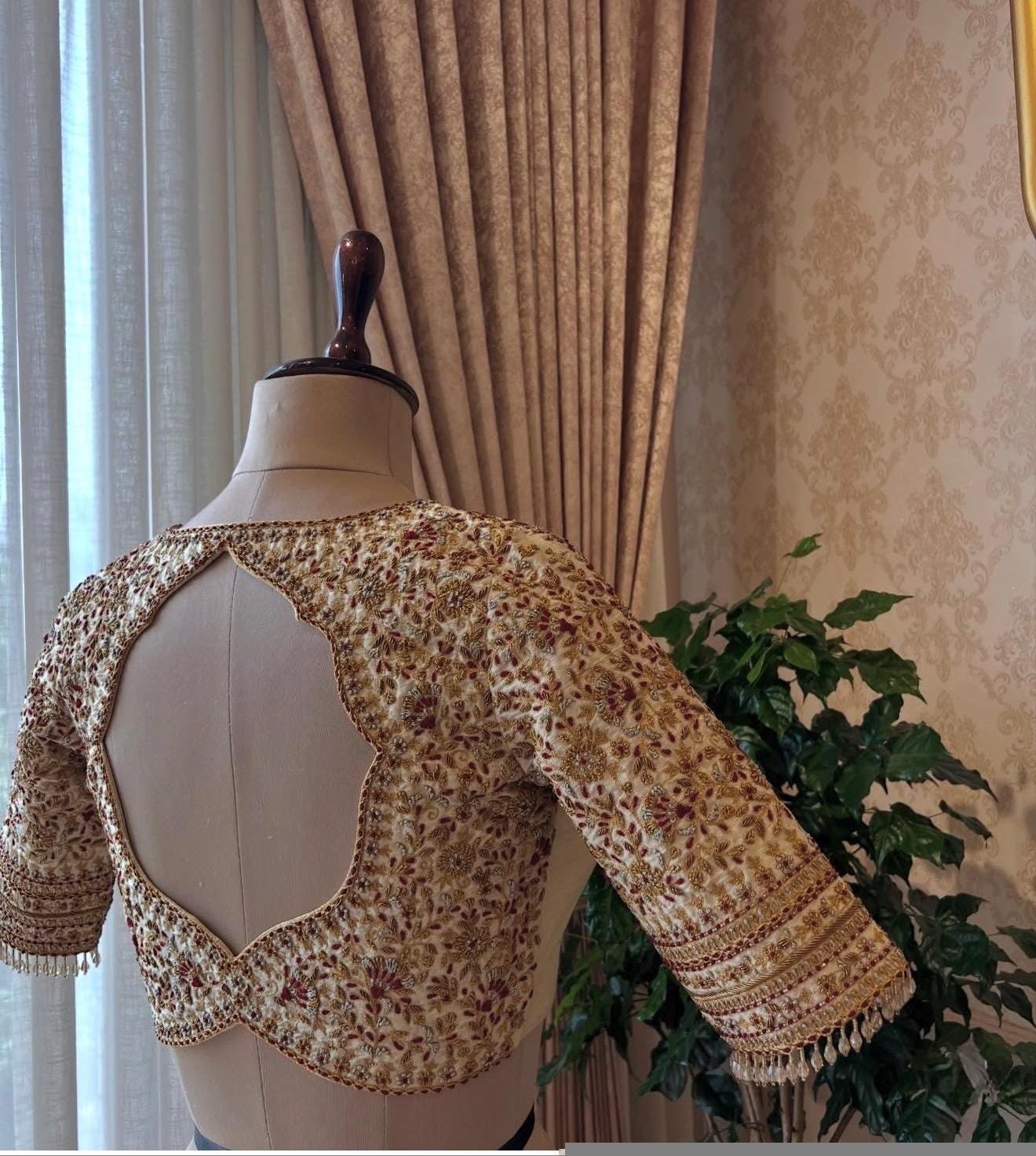 pure silk hand embroidery wedding blouse/saree maggam blouse/beige zardosi blouse/golden bridal blouse /ready made hand embroidered blouse